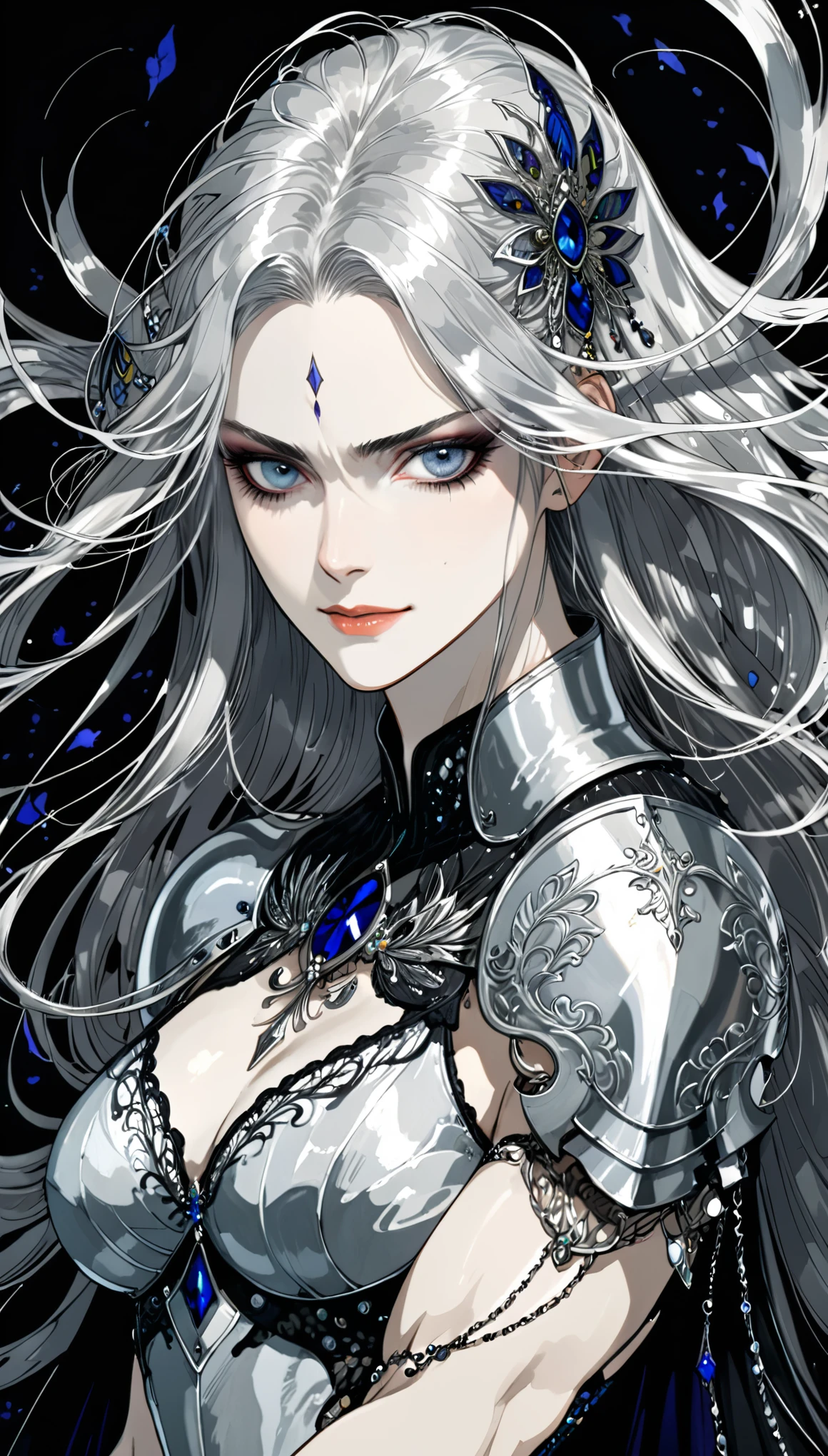 in style of Harry Clarke,muscular female,character concept design,half body,paladin,contemptuous eyes,loose long flying hair,heroic,momentum,boldness,dynamic action,an expression of contempt,a defiant smile,Silver long hair,
