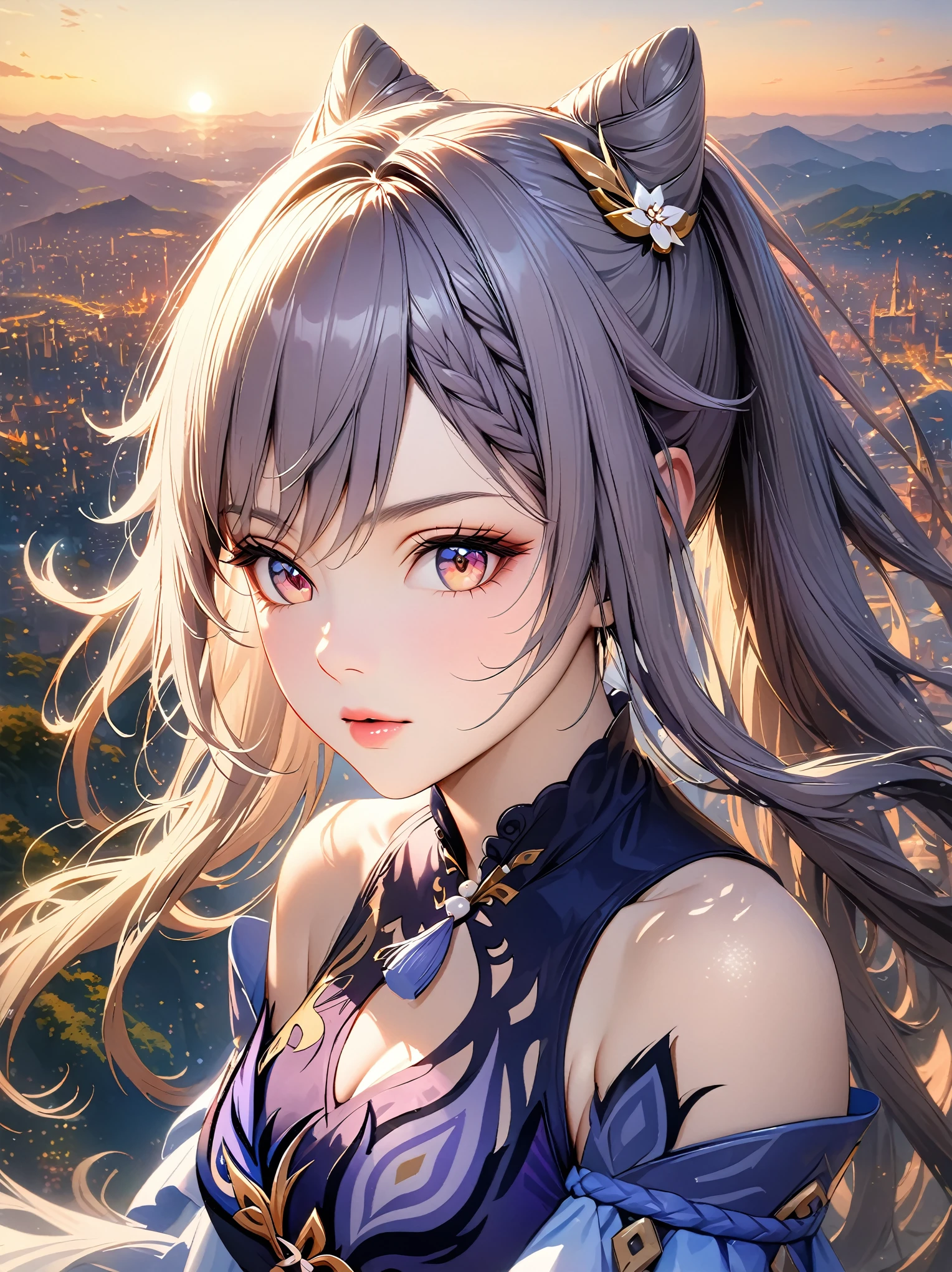 Keqing from Genshin Impact,(best quality,4k,8k,highres,masterpiece:1.2),ultra-detailed,(realistic,photorealistic,photo-realistic:1.37),portraits,anime,sharp focus,professional,vivid colors,bokeh,beautiful detailed eyes,beautiful detailed lips,extremely detailed hair and face,long eyelashes,confident expression,flowing elegant dress,electricity particles in her hands,standing on a mountaintop at sunset,overlooking a vibrant fantasy city,soft warm color tone,soft golden lighting