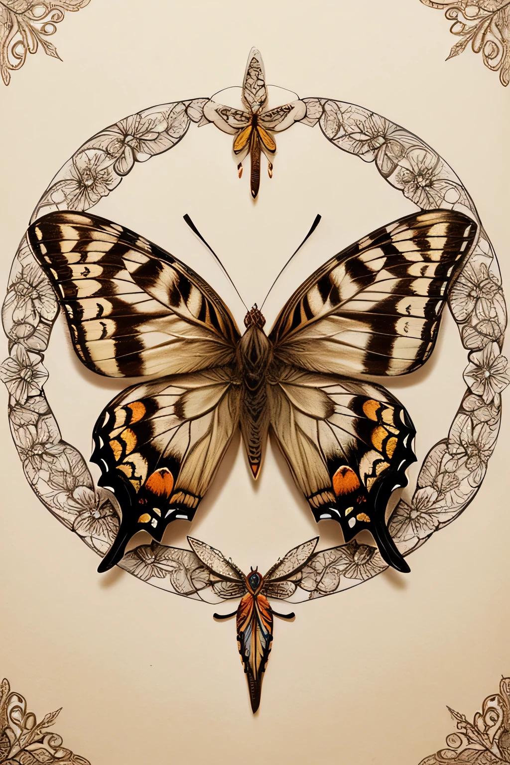 A stunning, intricate drawing of five exquisite butterflies, meticulously detailed and elegantly presented on white paper. each but

terfly, with its vibrant and fascinating colors. The captivating illustrations are arranged to show the delicate beauty of butterflies. This piece is a stunning celebration of the natural world and a testament to the artist's exceptional skill and attention to detail., poster, painting, illustration