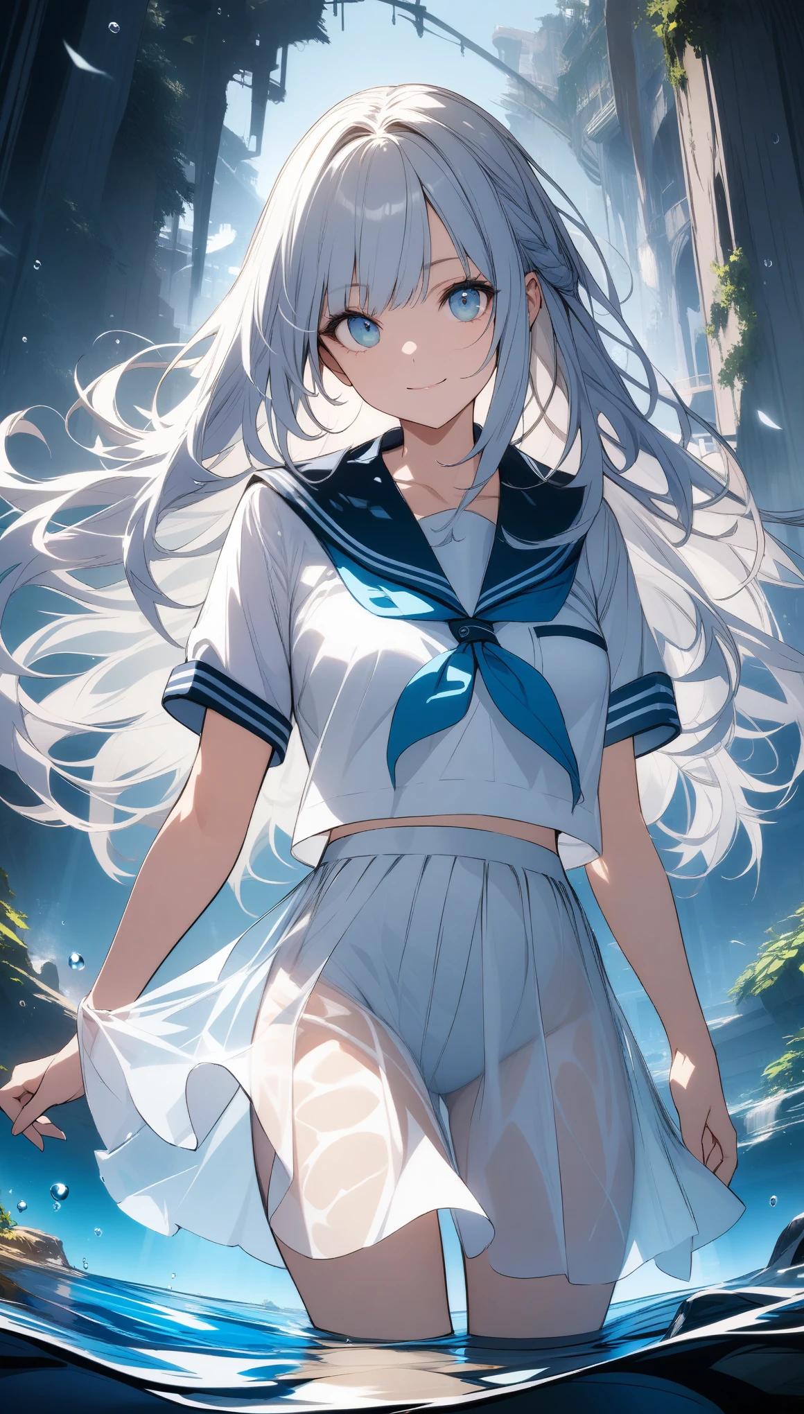 (See-through:1.3),white serafuku,Sailor Dress, White Theme,, Sailor suit, View your viewers, insanity, Disheveled long hair, Beautiful fine details,Hair shines,Elevation,Blue sailor collar, Firm breasts,A light smile,Partially underwater..., 32k, best quality, ultra high res, HDR, UHD, extremely detailed CG, unity 32k wallpaper,