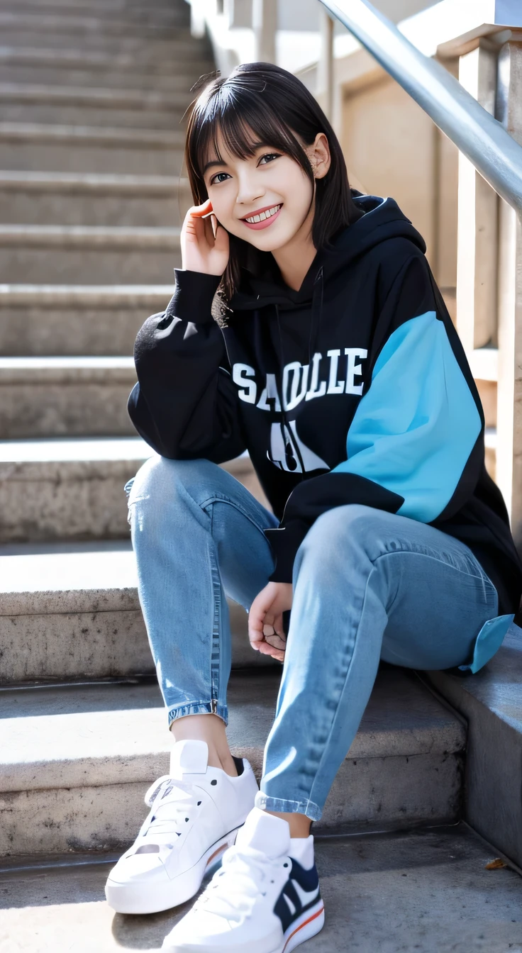 highest quality, Realistic, Very detailed, Finer details, High resolution, 8k wallpaper, One beautiful woman,Sit on the stairs、smile、、 Oversized hoodie, Skinny jeans,( sneakers)、Black Hair、 Beautiful Bangs、ear piercing、Perfect dynamic composition, Beautiful and detailed, Full Body Shot, A big smile waiting to start