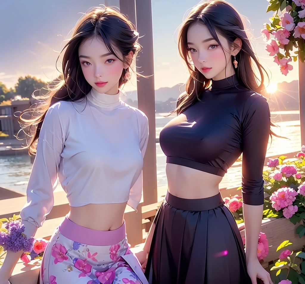 realistic, 1girl,whit hair, purple eyes, glowing eyes, crop top, skirt, parted lips, blush, night, flowers, sun, sunlight,