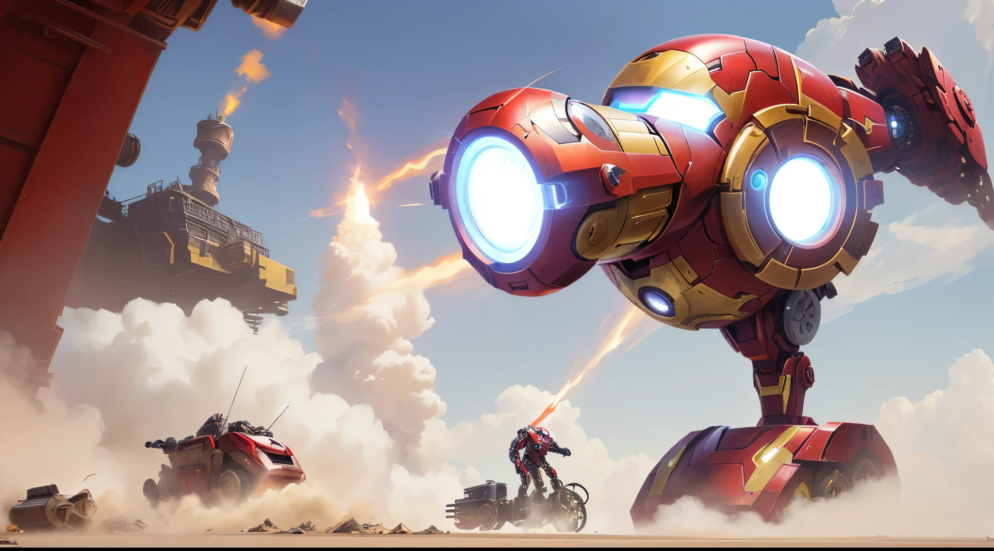 Avengers War Machine lights up in cartoon style, like iron Man, minion iron Man, CG art, iron Man, iron Man, 🕹️ 😎 🔫 🤖 🚬, superior iron Man, heroengine, Wojtek Fuss, totoro as iron Man, Mobile Game Art, author Alexander Fedosav, author:Arthur Pan, steampunk iron Man, Official ink art