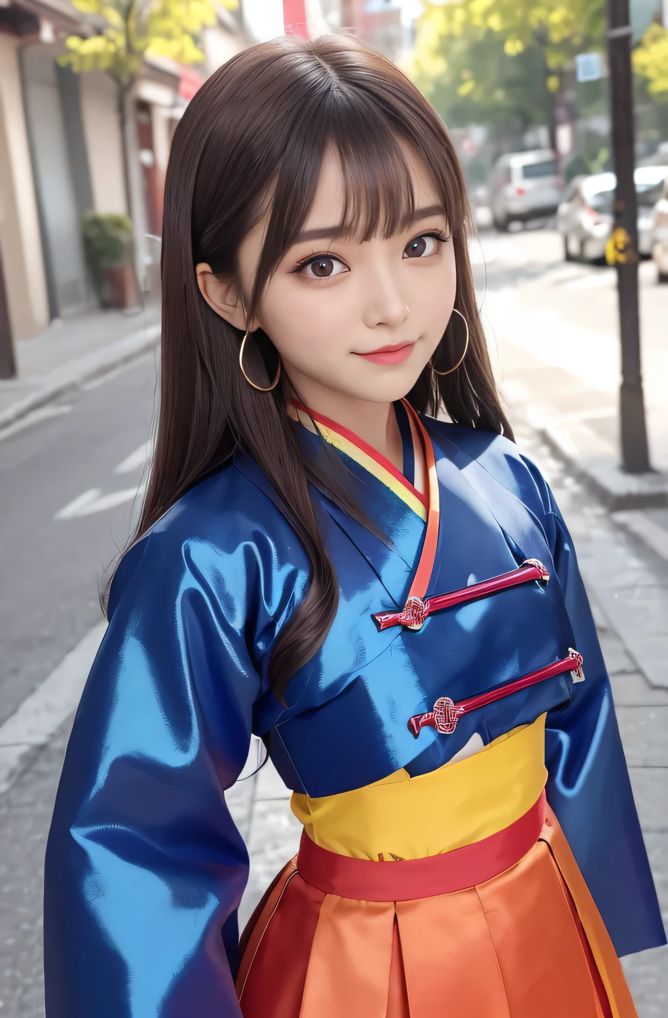 Angelic Very beautiful cute girl,11 yo,
Beautiful detailed eyes,
Detailed double eyelids,
(Large eyes:1.4),
Long straight brown hair,
see-through bangs,
Sharp Focus,small straight nose,
beautiful detailed face and eyes,
drooping eyes,
(Soft Saturation: 1.3), (Fair skin: 1.2),BREAK (beautiful hanbok: 1.5),(Super shiny red yellow blue green colored hanbok:1.4),(beautiful hanbok: 1.5),costume traditionally worn by Korean women,(Korea style),(cropped top and high waist skirt :1.5),
Walking,(smile:1.5)
Brown hair,
(korean Chimajeogori:1.4) , (costume with strong reflective surfaces:1.5),
Costume lighting,
In the street,(smile:1.5)