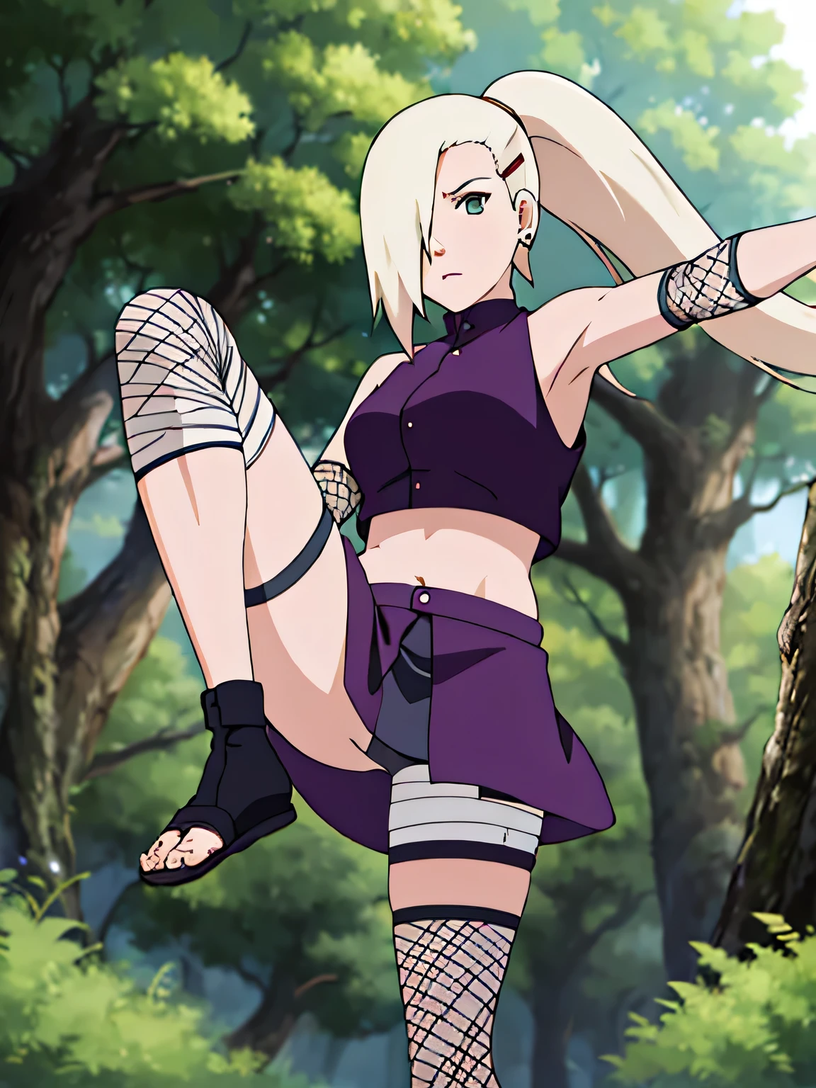 Yamanaka Ino, hair on one eye, ponytail, Hair clips, purple crop top, voluptuous, skirt, fishnet, earring, Diaphragm, show กางเกงใน, condescending, alone, 1 girl, Facing the front, Masterpiece, perfect face, jump, Raise your legs high., touch,straight legs, touch high legs, Voluptuous eyes, open skirt, Torn a leg ,In the forest, jumptouch, straight legs, Legs are straight., show กางเกงใน,open skirt