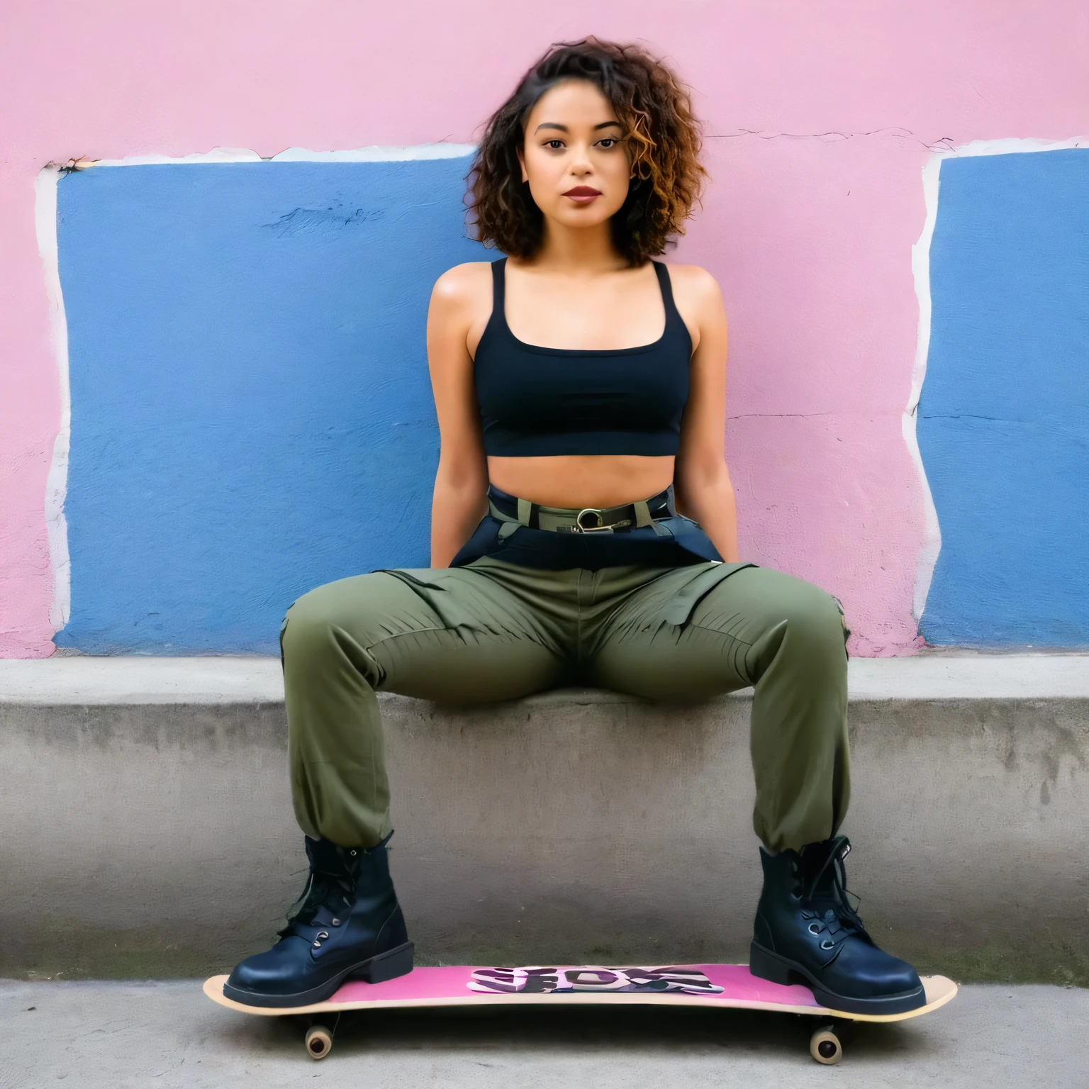 Absolutely! Here's a detailed description of an image for your Instagram post incorporating your request:
Image:
In the center of the image, a Latina woman with short, curly hair strikes a pose while sitting on a skateboard. She has an athletic build and is wearing a black crop top that reveals her toned midriff. The crop top has a graphic design on the front, possibly a band tee or a pop culture reference.  Her high-waisted cargo pants are olive green and have a loose fit around the legs that cinches at the ankles. The pants have multiple pockets and a utility belt slung low on her hips.  On her feet, she has chunky black combat boots with thick laces.
The background is a grungy brick wall covered in colorful graffiti art, typical of the street art scene in Rio de Janeiro. Behind the model, streaks of vibrant paint can be seen in shades of pink, purple, and blue. The inclusion of the Christ the Redeemer statue in the distance, peeking over the rooftops, subtly incorporates a recognizable landmark of Rio. The overall feel of the image is edgy and urban, capturing the essence of Rio's street culture.

