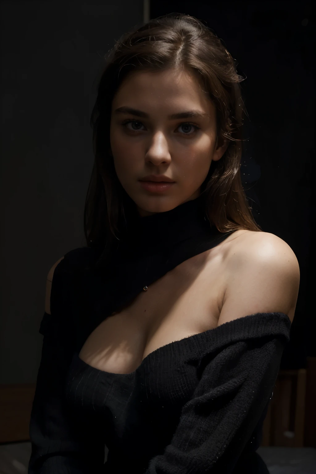 best quality, Masterpiece, Ultra high resolution, Supermodel, Shoulder Chest Portrait, black sweater (realism: 1.8), original photo, 1 girl, bare shoulders, in the dark, deep shadow, speak little, cool light