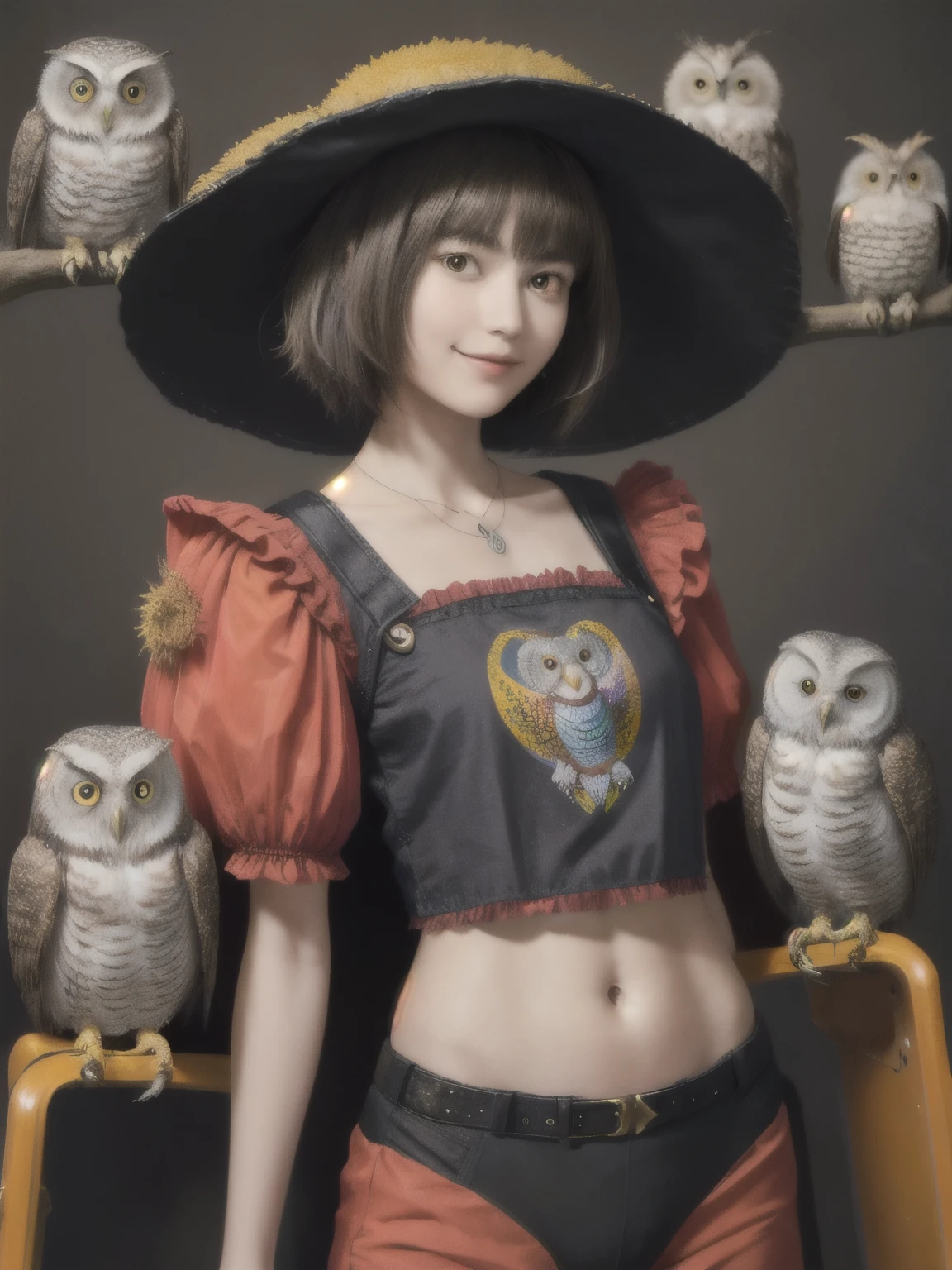224 Short Hair, 20-year-old woman, A kind smile, (There are also colorful owls), (Rembrandt-style painting), ((machinery suit,Clothes with short sleeves)),I can see your abs