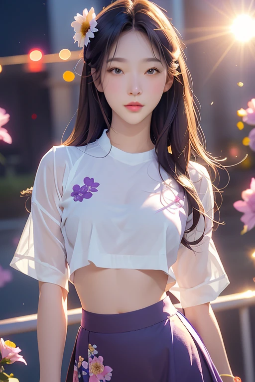 realistic, 1girl,whit hair, purple eyes, glowing eyes, crop top, skirt, parted lips, blush, night, flowers, sun, sunlight,