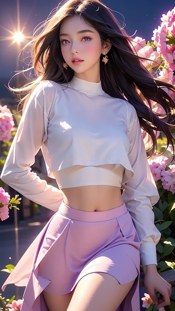 realistic, 1girl,whit hair, purple eyes, glowing eyes, crop top, skirt, parted lips, blush, night, flowers, sun, sunlight,