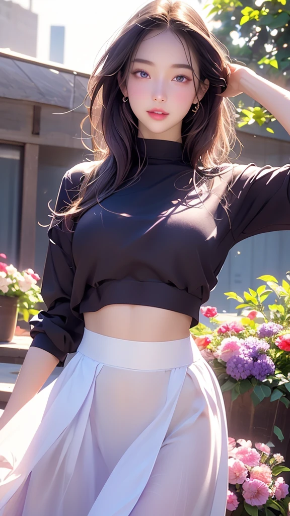 realistic, 1girl,whit hair, purple eyes, glowing eyes, crop top, skirt, parted lips, blush, night, flowers, sun, sunlight,
