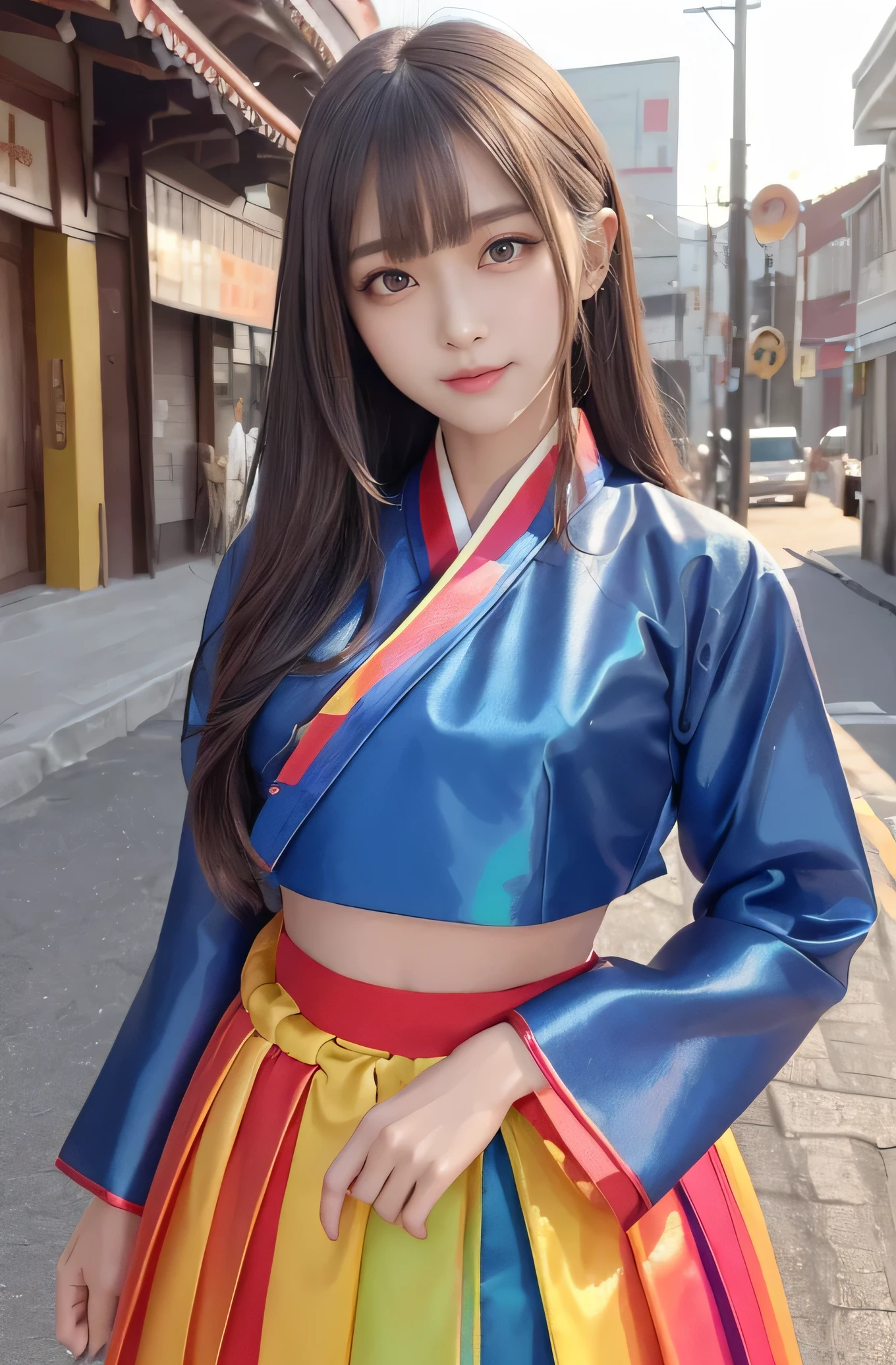 Angelic Very beautiful cute girl,11 yo,
Beautiful detailed eyes,
Detailed double eyelids,
(Large eyes:1.4),
Long straight brown hair,
see-through bangs,
Sharp Focus,small straight nose,
beautiful detailed face and eyes,
drooping eyes,
(Soft Saturation: 1.3), (Fair skin: 1.2),BREAK (beautiful hanbok: 1.5),(Super shiny red yellow blue green colored hanbok:1.4),(beautiful hanbok: 1.5),costume traditionally worn by Korean women,(Korea style),(cropped top and very high waist skirt :1.5),
Walking,(smile:1.5)
Brown hair,
(korean Chimajeogori:1.4) , (costume with strong reflective surfaces:1.5),
Costume lighting,
In the street,(smile:1.5)