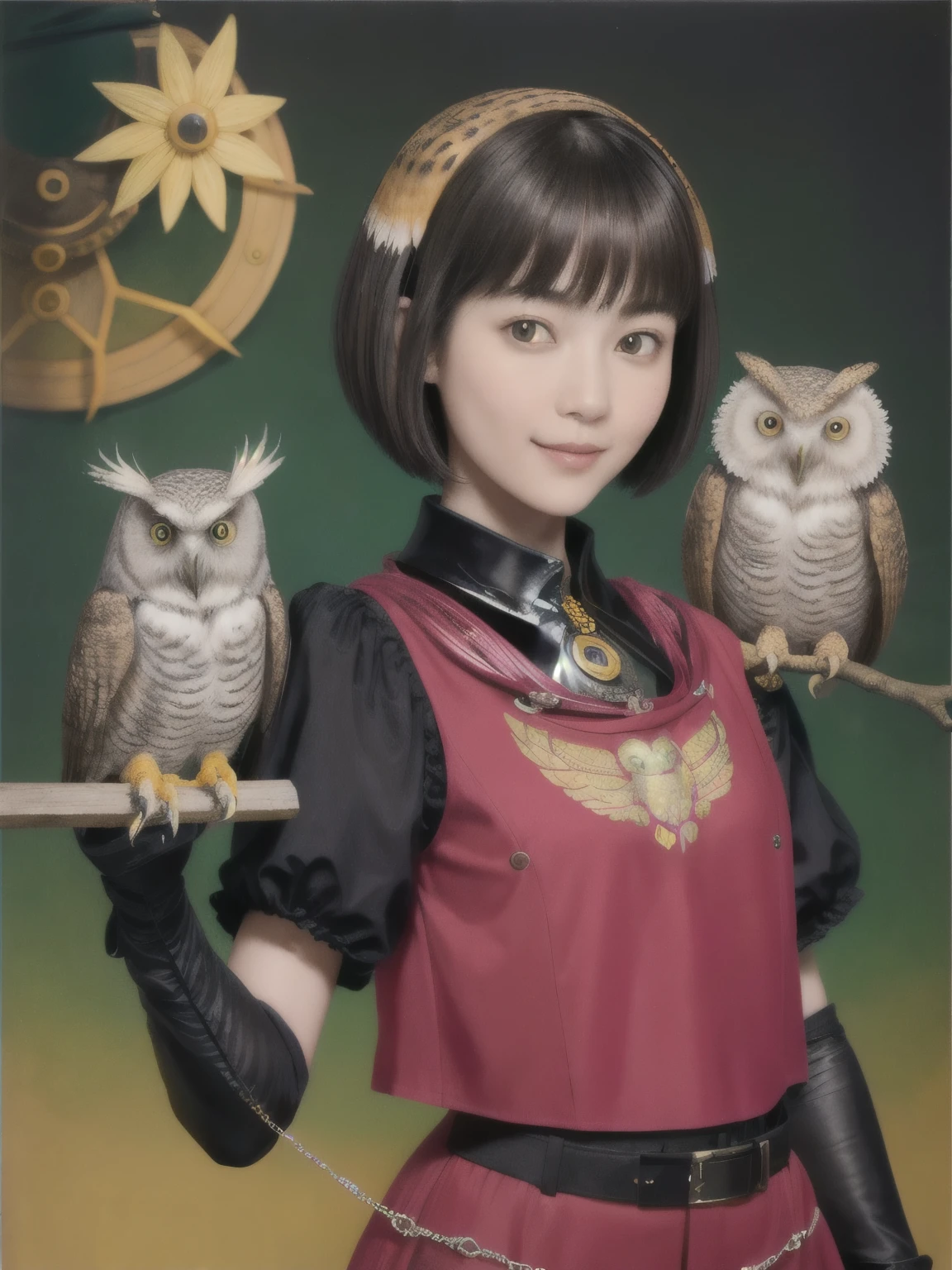 224 Short Hair, 20-year-old woman, A kind smile, (There are also colorful owls), (Rembrandt-style painting), ((machinery suit,Clothes with short sleeves)),I can see your abs