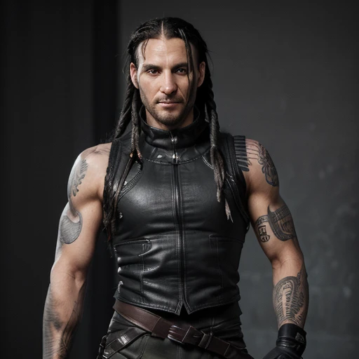 Man in his thirties, measuring 1m80. He has long black hair styled in dreadlocks.. Son visage affiche un air cruel et mauvais, and he has a scary smile. He has two piercings on her lower lips placed on either side of her mouth. He is muscular and he has tattoos on his arms. Il porte un débardeur blanc, un pantalon noir et des bottes de combat. He also wears a sleeveless jacket with a logo of a snake forming a figure eight on the back of it.. 4k, Ultra detailed image, Realistic, Very detailed, composition parfaite, splendide, complex and detailed, incredibly detailed, photographie d'art 8k, Hyper detailed, chef-d'artwork, Ultra detailed, hyper Realistic, 4k, Ultra detailed image, Realistic , Very detailed, composition parfaite, splendide, complex and detailed, incredibly detailed, Photographie artistique en 8k, Hyper detailed