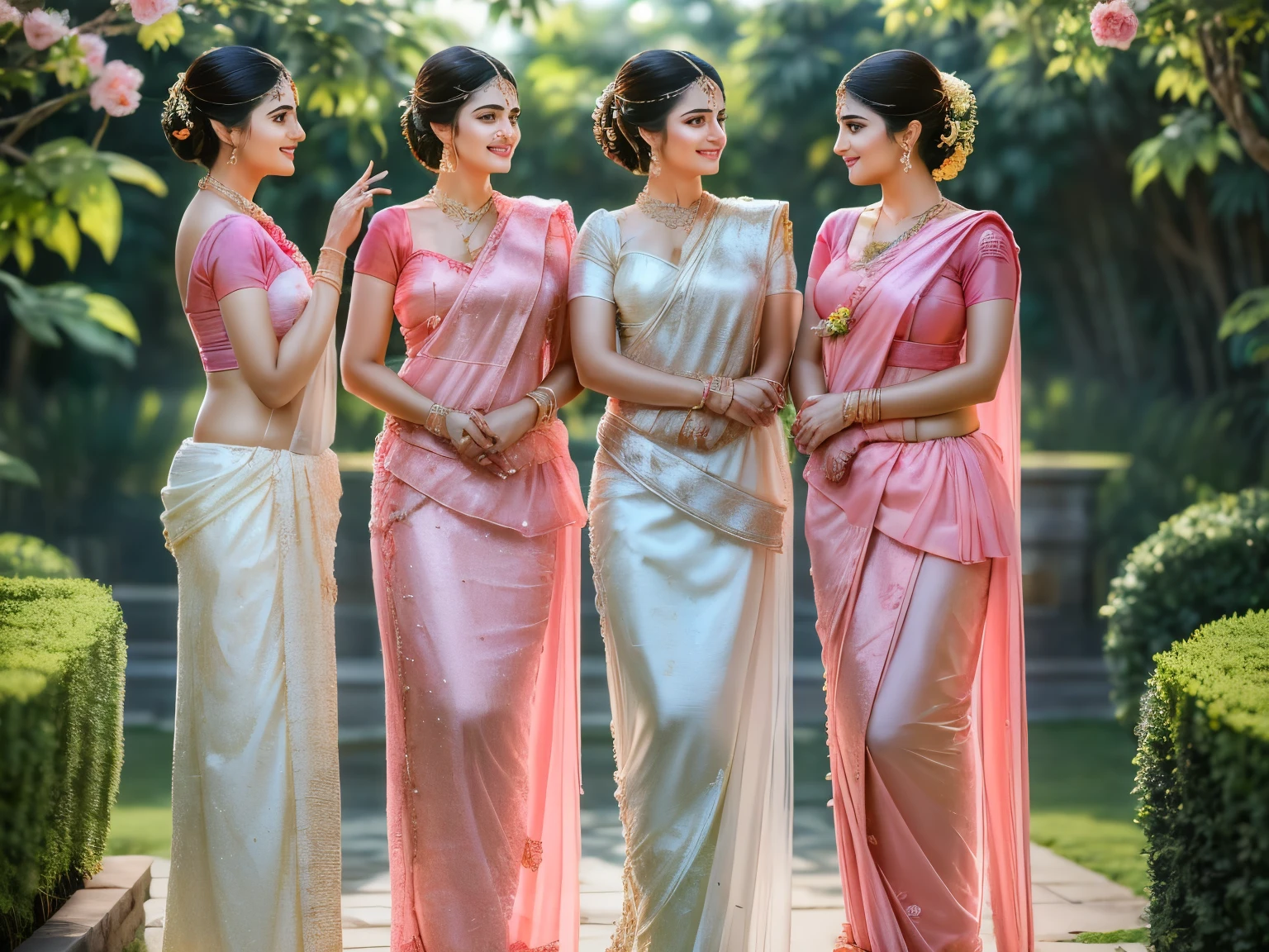 ((best quality)),((masterpiece)),(photorealistic:1.4), 1 Bride and 2 bride's maids, light smile, Bride in the middle wearing Pearl-white saree, bride's maids wearing pink sarees (Shimmering cloths:1.4),waist up, dramatic lighting, from below, garden background, looking at viewer,