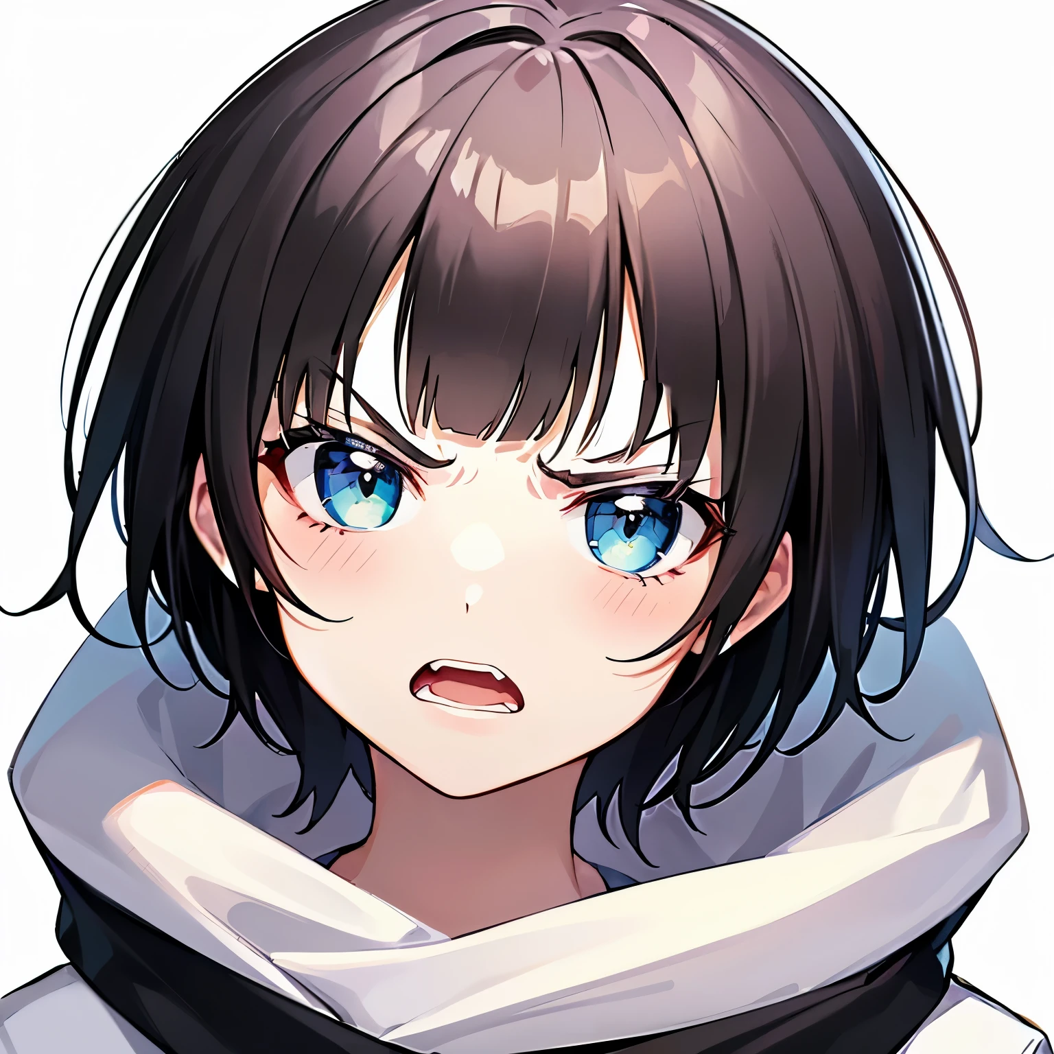 ((1 beautiful girl)), ((solo:1.3)),((blunt bangs)),((black hair)),((Blue eyes)), ((shoulder length hair:1.2,short hair)),************, ((white background:1.3)),((See here)),((head shot)), BREAK (angry:1.3), 