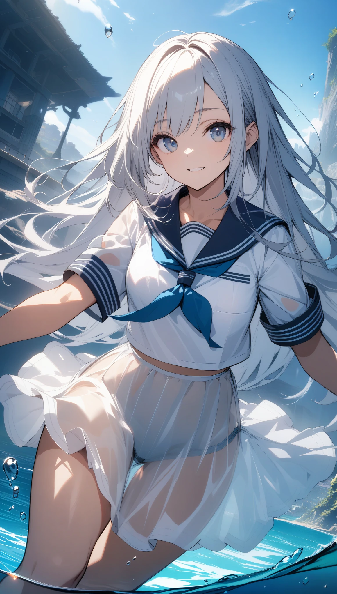 (See-through:1.3),white serafuku,Sailor Dress, White Theme,, Sailor suit, View your viewers,  insanity, Disheveled long hair, Beautiful fine details,Hair shines,Elevation,Blue sailor collar, Firm breasts,A light smile,Partially underwater..., 32k, best quality, ultra high res, HDR, UHD, extremely detailed CG, unity 32k wallpaper, 