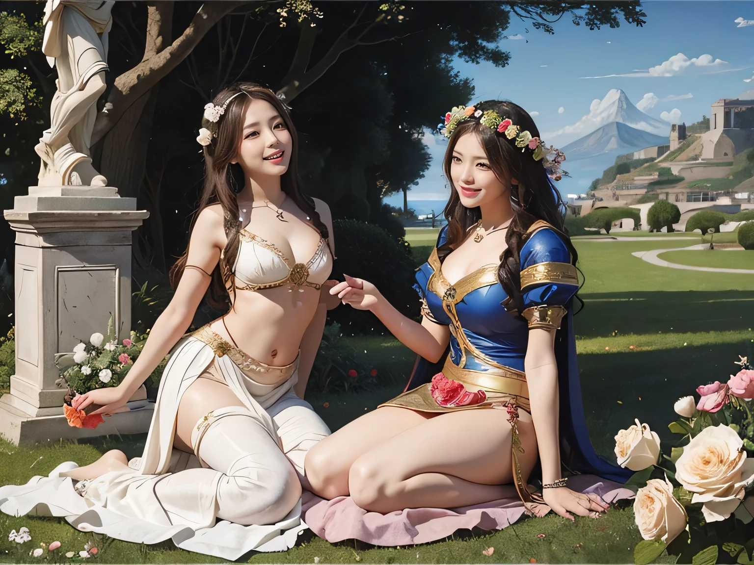 full body portrait or statue、Sandro Botticelli painting style,Arguments of two female Philosophe,math、astronomical machine、astronaut、roses in vase、fruits、Cute trinkets、smile、ancient greek costume、Ancient Roman landscape in the style of Nicolas Poussin,laughter,,Sweet and seductive appearance.、Caravaggio's paintings、Chiaroscuro of Caravaggio、hair tousled by the wind,Two women frolicking,cute smile, expression of ecstasy,Sexy,erotic
