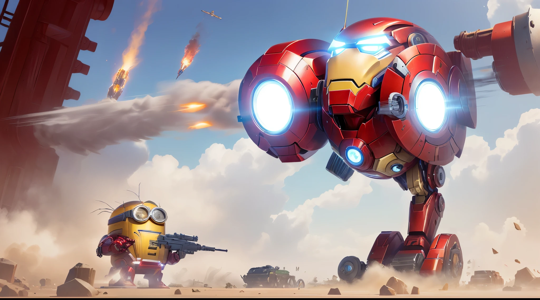 Avengers War Machine lights up in cartoon style, like iron Man, minion iron Man, CG art, iron Man, iron Man, 🕹️ 😎 🔫 🤖 🚬, superior iron Man, heroengine, Wojtek Fuss, totoro as iron Man, Mobile Game Art, author Alexander Fedosav, author：Arthur Pan, steampunk iron Man, Official ink art