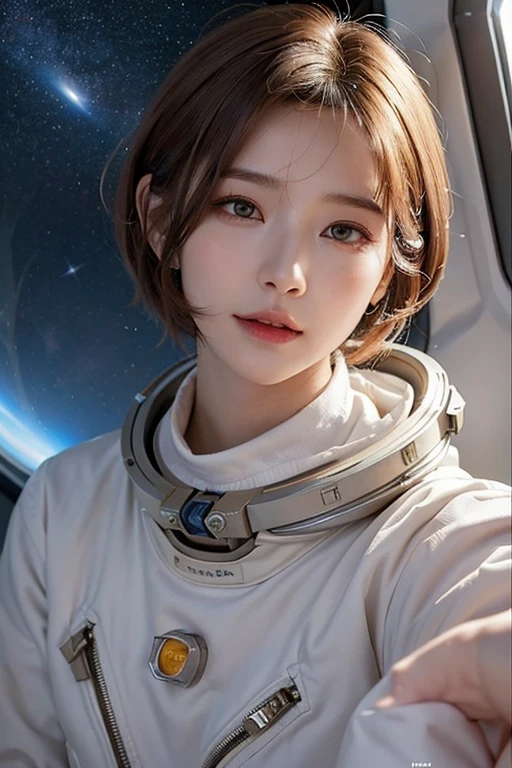 top-quality、​masterpiece、超A high resolution、(realisitic:1.4)、Beautuful Women１、Beautiful detail eyes and skin、ssmile、Light brown short-cut hair、The perfect spacesuit、Inside the spacecraft、cosmic space、Sand Planet、weak sunshine、