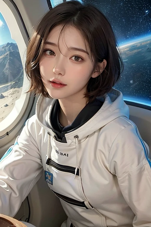 top-quality、masterpiece、超A high resolution、(realisitic:1.4)、Beautuful Women1、Beautiful detail eyes and skin、ssmile、Light brown short-cut hair、The perfect spacesuit、Inside the spacecraft、cosmic space、Sand Planet、weak sunshine、