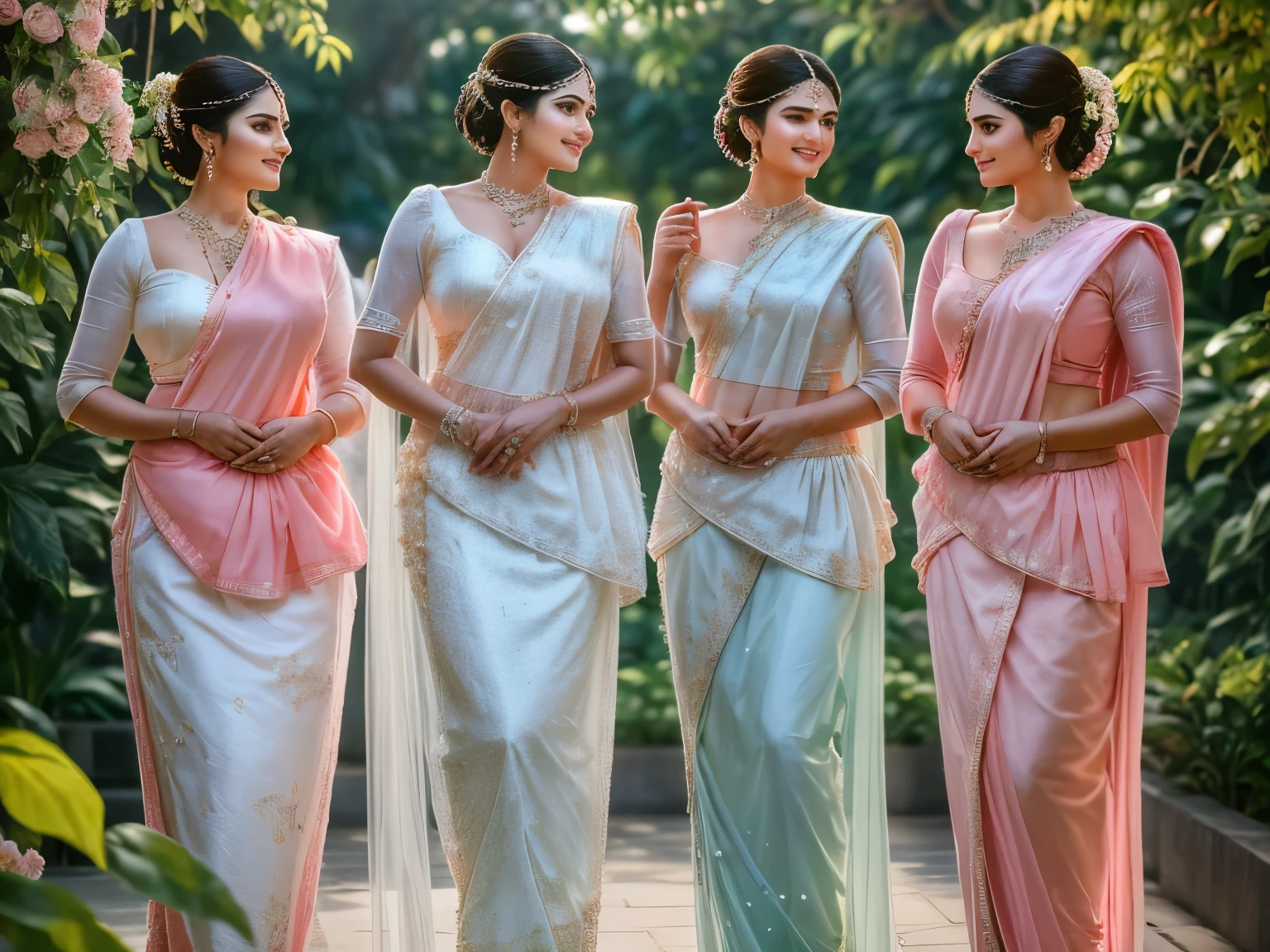 ((best quality)),((masterpiece)),(photorealistic:1.4), 1 Bride and 2 bride's maids, light smile, Bride in the middle wearing Pearl-white saree, bride's maids wearing pink sarees (Shimmering cloths:1.4),waist up, dramatic lighting, from below, garden background, looking at viewer,