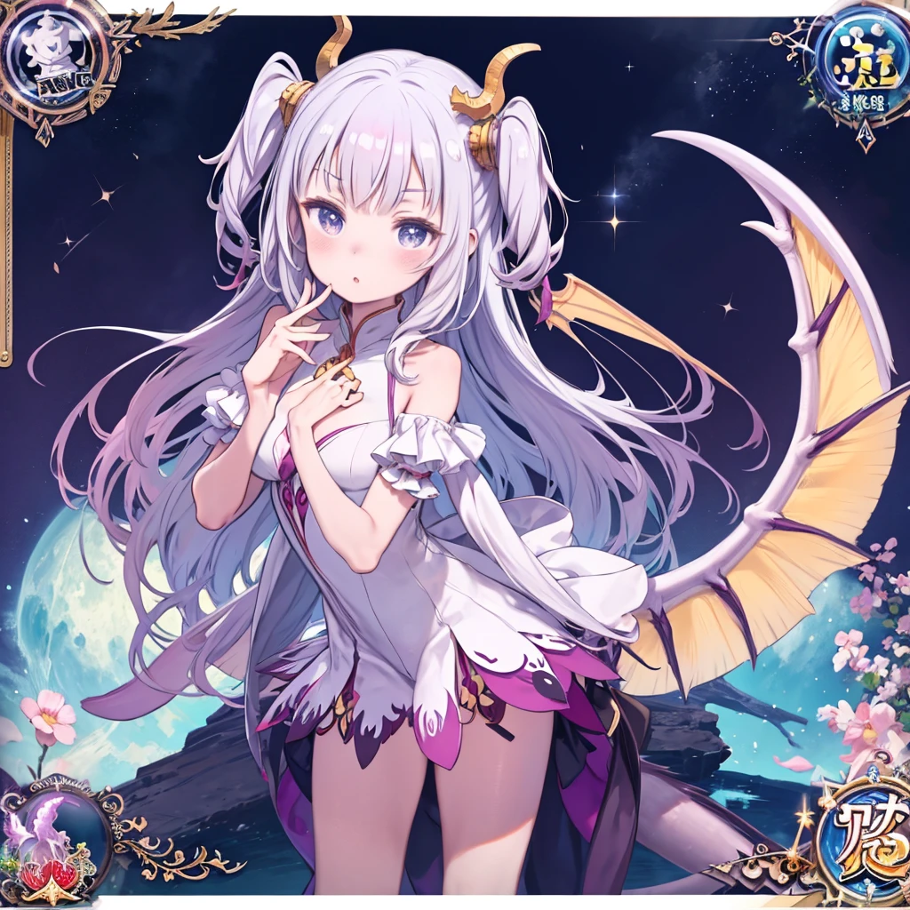 Full moon background、Anime girl with dragon wings、Dragon Girl、Cute face、symmetrical dragon horn、symmetrical dragon wings、In the air、Elegant dress、Dragon&#39;s Tail、short hair、fly in the sky、
