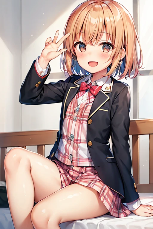 ((highest quality)), ((masterpiece)), (be familiar with), Perfect Face, indoor, Bedroom, Watching the audience,
One woman, Yuigahama Yui,
Open Mouth, Ecstatic expression, blush, smile,
Small breasts, Flat Chest, Young Girl, , , Girl,
Short Hair, Salmon-colored hair, Salmon-colored eyes, Side Pony,
Leg spread,