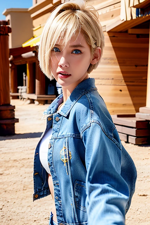 (((1 girl,  cute, denim jacket, white top, jeans, Gloves, blond, short hair, bob hair,  side parted hair, blue eyes))), (((blond hair))), 
dynamic poses, manga style, depicting a group of characters in various action scenes, from intense battles to lighthearted moments, with dramatic speed lines and bold sound effects, capturing the excitement and energy of the story, Laser rays from the palm of hand, Attack forward with palm, yellowstone park, Grand Canyon,