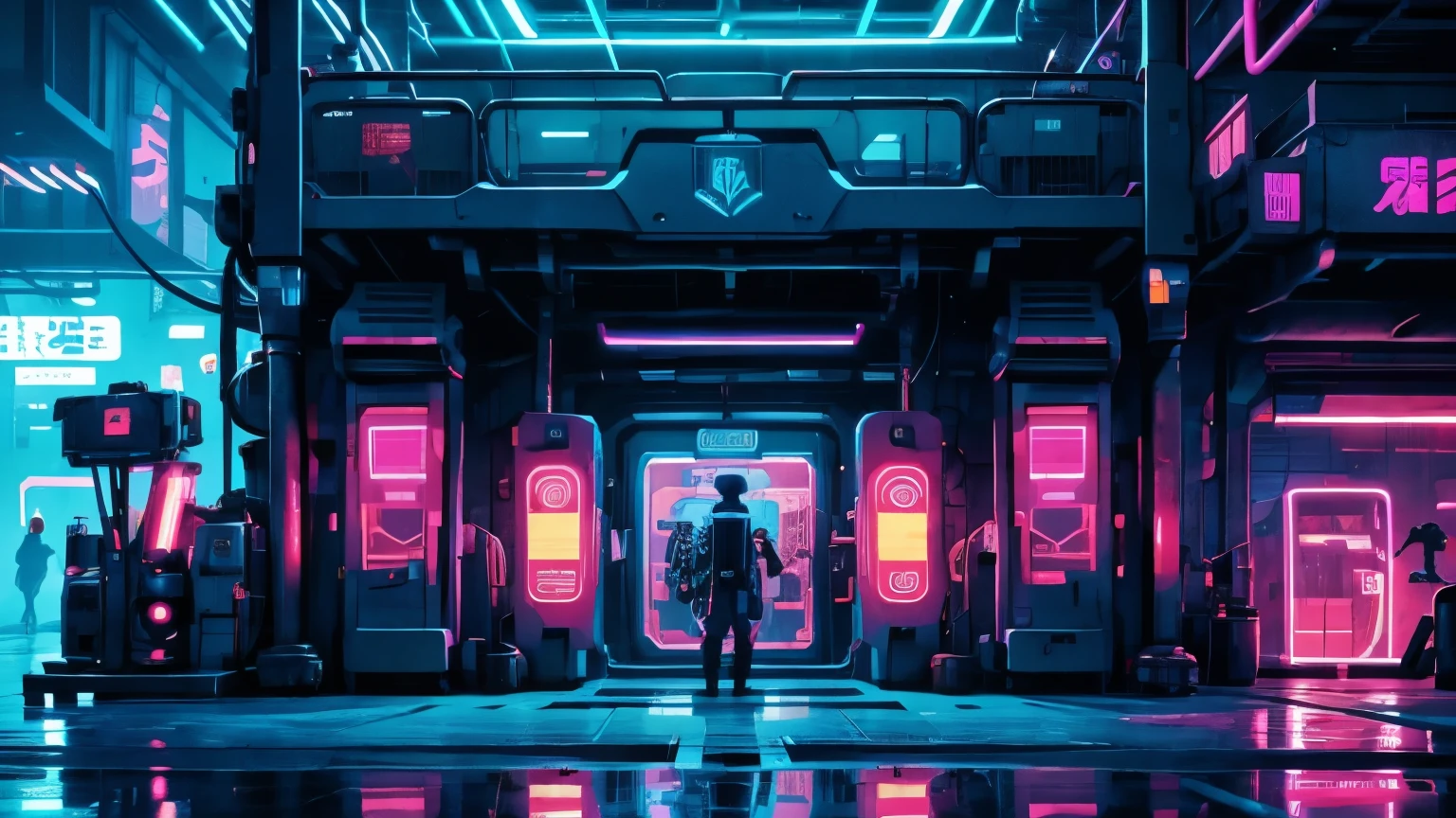 a vibrant neon cyberpunk robot factory floor, with machines and robot workers