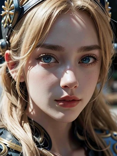 (close up:1.3), Female, beautiful, Finnish blond girl, attractive model face, perfect body, holding big digger, Medieval style, hyperdetailed, leather armor, intricate details, realistic, non metal armor, studded leather, intricate background of medieval village, detailed, sharp, trending on artstation, focus detailed face, smooth, detailed, 8k, hyperrealistic, Ultra detail, medieval fantasy, cleavage