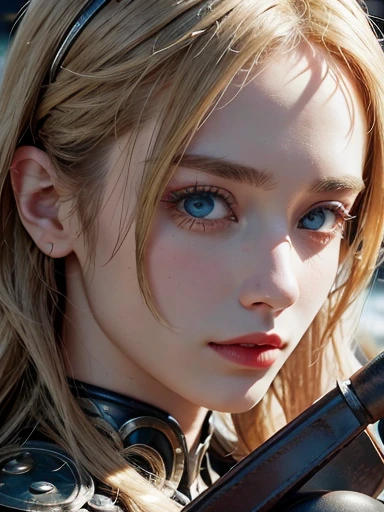 (close up:1.3), Female, beautiful, Finnish blond girl, attractive model face, perfect body, holding big digger, Medieval style, hyperdetailed, leather armor, intricate details, realistic, non metal armor, studded leather, intricate background of medieval village, detailed, sharp, trending on artstation, focus detailed face, smooth, detailed, 8k, hyperrealistic, Ultra detail, medieval fantasy, cleavage