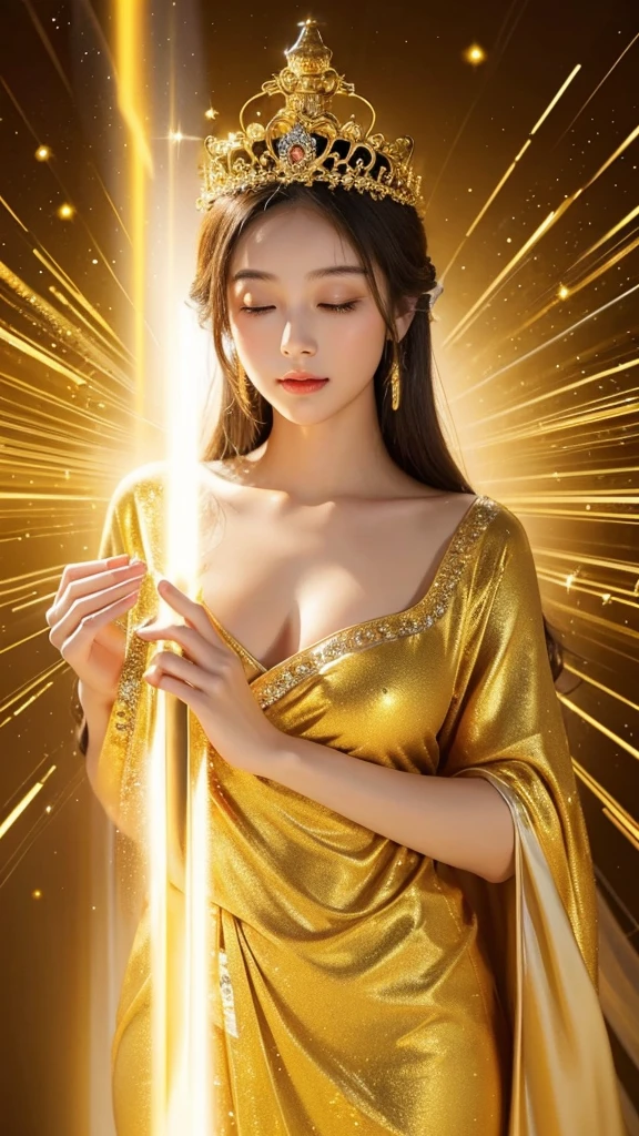 Love Buddha(woman)、Photorealistic。Like a heavenly maiden。
Wearing a golden robe、Filled with an aura of love。
A glittering tiara on her head、The expression is calm。