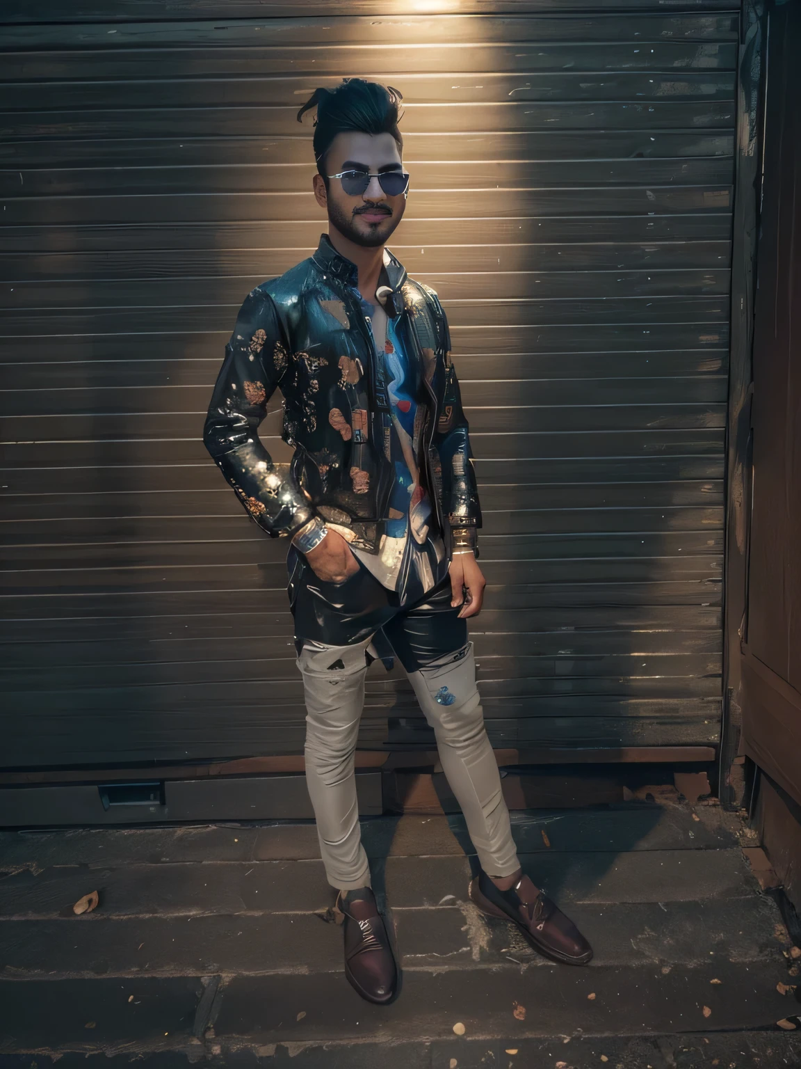 indian man, (chubby face), looking at viewer, (((yasuo league of legends))), (intricate details), hdr, (hyperdetailed:1.2), cinematic shot, hyperrealism, portrait, torso, hyperdetailed real human hair, worn lblack eather jacket, photograph, Fujifilm XT3,city streets background, bokeh, in the style of vintage photography, ultrawide lens Sunglasses and face smiling