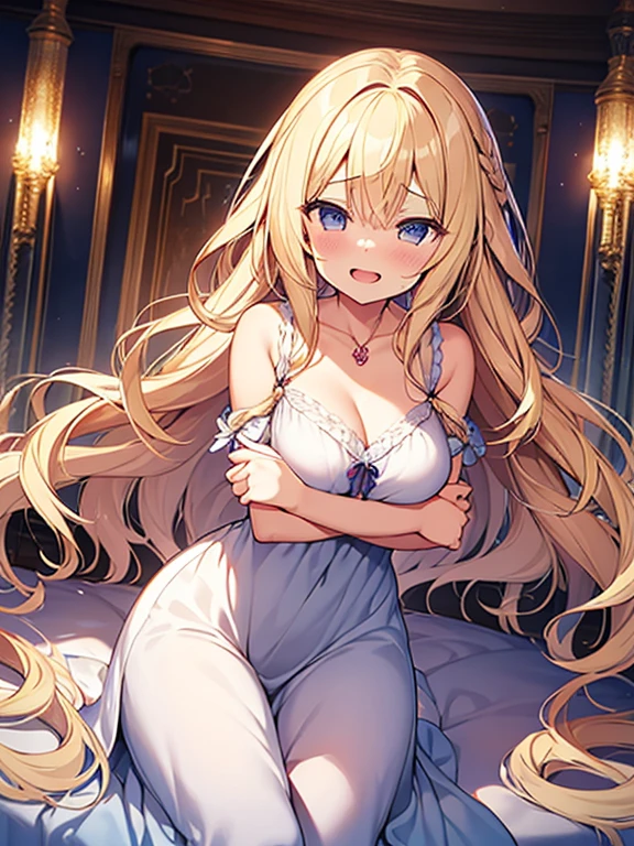 Tabletop, highest quality,figure, wallpaper, Super detailed, Absurd beauty、One beautiful girl、Blonde、Long Hair、Wavy Hair、Braided hair、Ample breasts、Nightdress,((ecstasy face))、Hotel､Crossed Arms