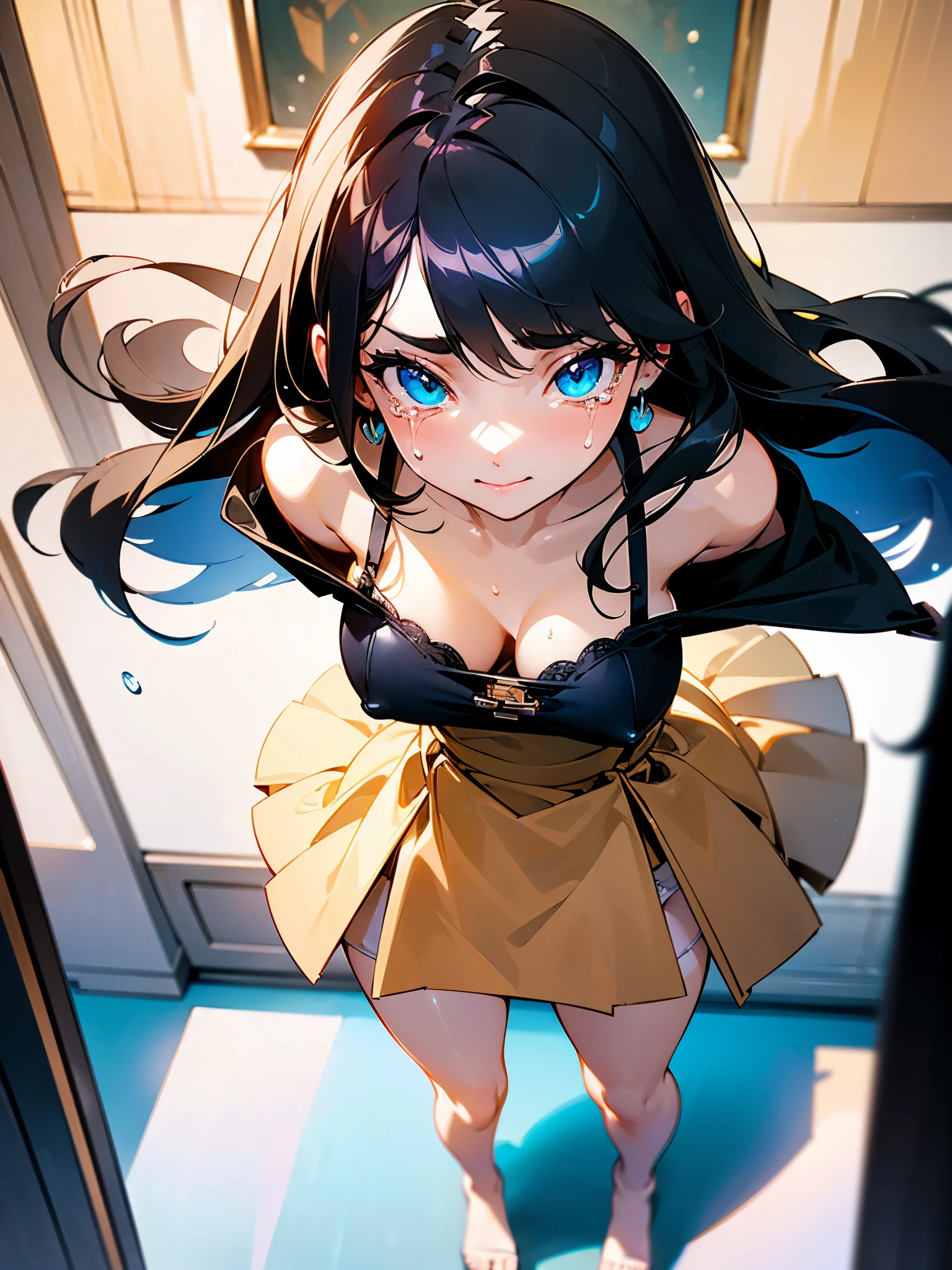 (Realistic:1.3), (masterpiece:1.2), (photoRealistic:1.2), (highest quality), (Detailed skin:1.3), (Intricate details), (Ultra-high definition face)
Reduces light reflections, 1 woman, 19 years old, Detailed skin texture,
She has only two legs, Two arms, Five fingers, Two joints in the fingers, Perfect body balance, good legs, slim legs, left and right legs the same thickness, Smooth Skin
(blush:0.6), smile ((tears)),
Black Hair, Straight Hair, medium Long Hair, Calm hair, bangs, Hair between the eyes, Hair volume is low,
Sparkling blue eyes, Lens Eye, Light reflection in the eyes, Symmetrical eyes, looking at the camera, high light in the eyes, (eyelashes), lowered eyebrows
hair ornaments,
((Wearing dress), the dress is one piece type, ((Do not cover the crotch)), ((black g-string panty)), tiny panty, separate Panties from clothes, off shoulders
((big tits)), (vagina), (pussy), (camel toe), under boob, cleavage of chest、
(Depict from chest to head:1.3), (((angle from above))),
Inside the room, Natural light
((roll up skirt with her hands)), ((stand in the room)), (Pinch the skirt:1.3)