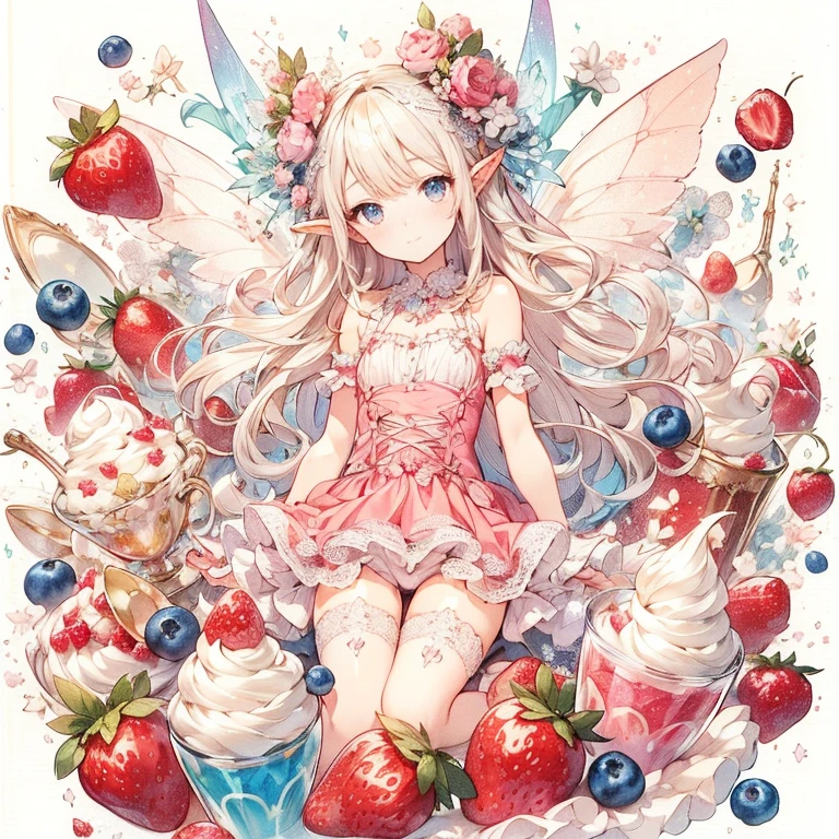 (Exquisite, beautiful, Very detailed, masterpiece, High resolution,high quality,High resolution),(Well-formed face,Soft and thin lines: 1.2, beautiful, Delicate and vivid illustrations with a mature and clear feel), Strawberries, raspberries, blueberries, cranberries, whipped cream, fresh cream and custard cream floating on a white background,A fairy with beautiful, clear wings is floating in the air, casting a spell on whipped cream with a magic wand and laughing happily.,She is wearing a fluffy cream, red and white cafe apron with lace, frills and ribbons with a shortcake motif, and a cafe employee hat.,(She has fair skin, short eyebrows, a pale pink blush, plump pink lips, beautiful eyes, and a nice body with a fairly large, fluffy bust.,Knee-high with lace,),Vibrant and eye-catching colors,Dynamic Angles,Dream Cute,