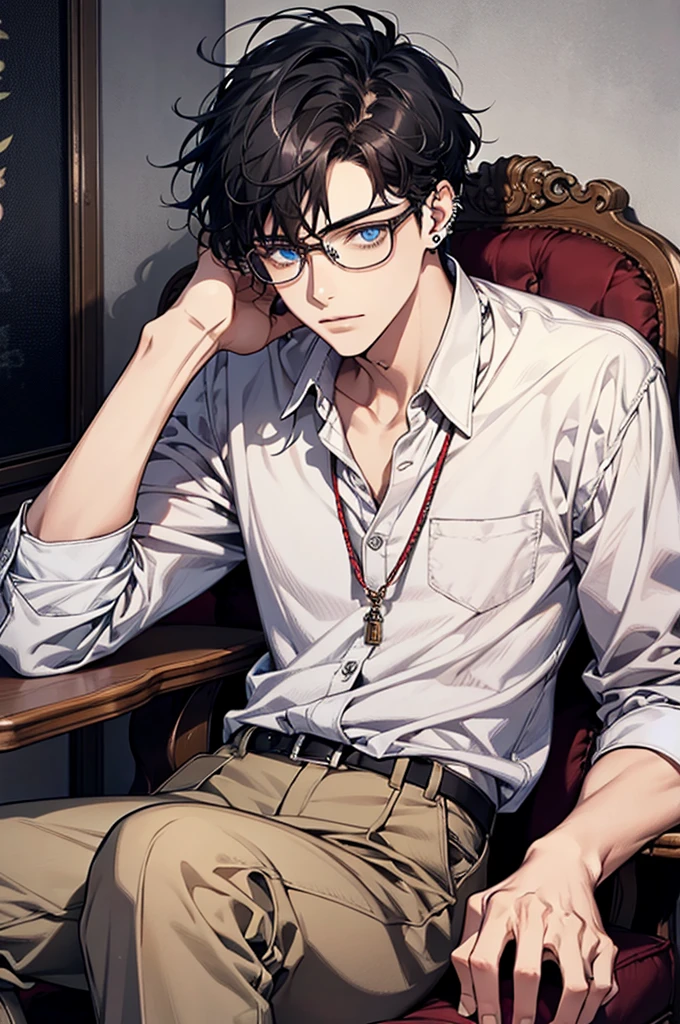 18 years old guy, handsome, using glasses, very mature, using high , casual, ear piercing, sitting on the chair, black hair, blue eyes