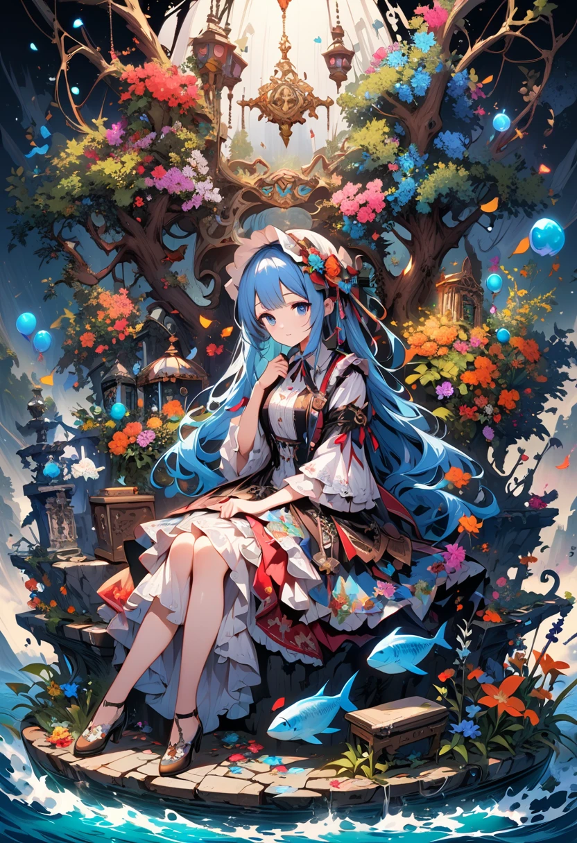 (masterpiece), (highest quality), figure, Very detailed, High Dynamic Range, Depth of written boundary, (Rich and colorful), ,,This is a masterpiece that exudes exceptional quality. The figure is ultra-detailed, HDR technology creates a sense of depth. The theme is original, beautifully, Beautiful artwork, Bright colors,Full of fantasy elements. Girl sitting by the deep sea, Surrounded by running water, The background is a dark blue world tree, Located in the cemetery. Quiet and dreamy atmosphere、It gives the whole scene a soulful and charming feel.。. Her pale complexion, Sparkling blue eyes, Blue hair decorated with flowers,Create stunning portraits. She wears Lolita-style fashion., poker face,Shut your mouth.. The background is white, transparent, Loop Options, 半transparentの青い蝶も飛んでいます,Energize.Magazine Cover,