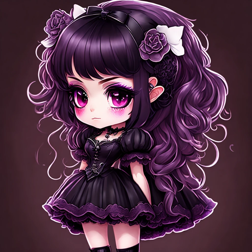 sticker anime Chibi , Appearance:
Body: Short and , typical of chibi characters, with large round eyes and a small mouth.
Hair: Long, straight, and jet black, with bangs covering her forehead. It might have colorful streaks or highlights for added flair.
Eyes: Large and expressive, possibly a deep shade of purple or red to add to the gothic theme. Eyeliner and mascara are heavily applied for a dramatic effect.
Clothing: She wears a black, frilly Gothic Lolita dress with lace details. The dress could have corset lacing and puffy sleeves. She may accessorize with a choker necklace adorned with a small pendant, fishnet stockings, and chunky boots or Mary Jane shoes.
Accessories: Lilith carries a small black cat plushie or doll as a companion. She may also have a lace parasol or a bat-shaped hair clip. ,