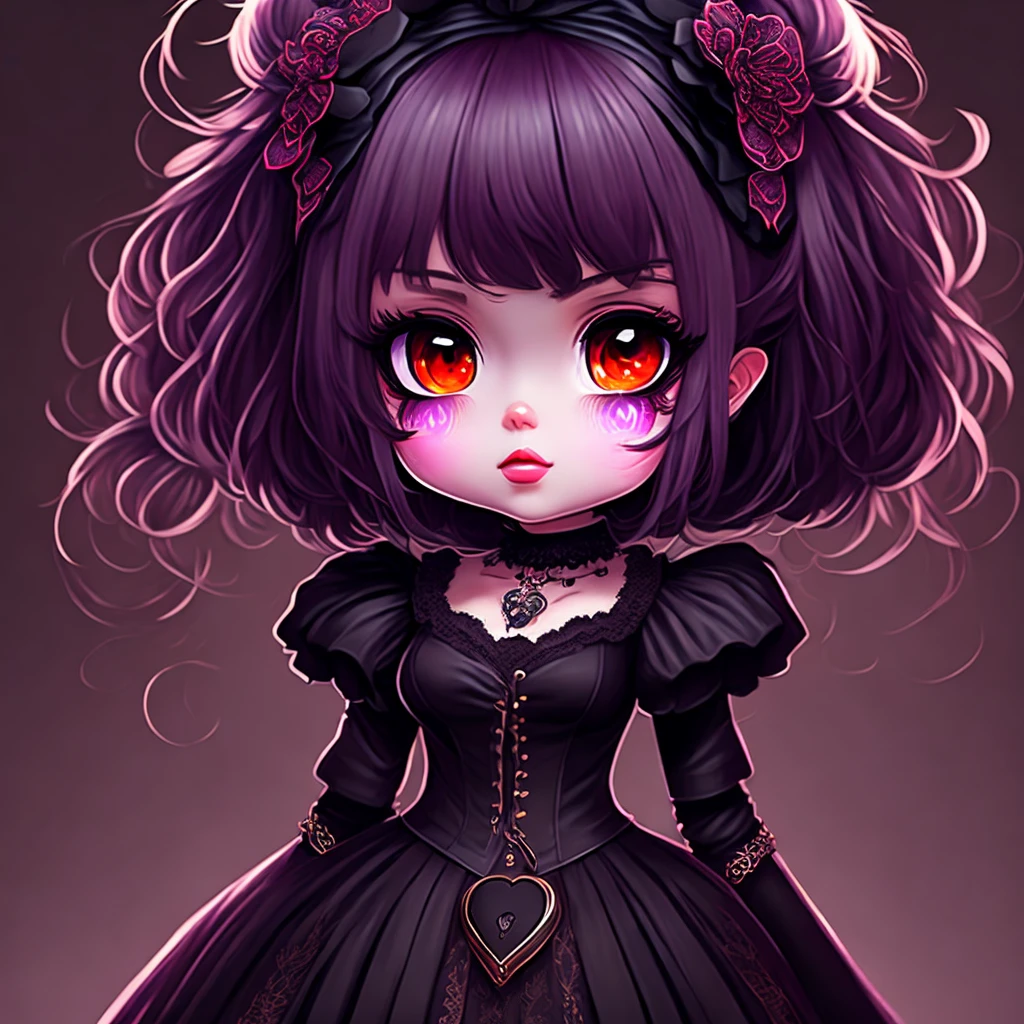 sticker anime Chibi , Appearance:

    Body: Short and , typical of chibi characters, with large round eyes and a small mouth.
    Hair: Long, straight, and jet black, with bangs covering her forehead. It might have colorful streaks or highlights for added flair.
    Eyes: Large and expressive, possibly a deep shade of purple or red to add to the gothic theme. Eyeliner and mascara are heavily applied for a dramatic effect.
    Clothing: She wears a black, frilly Gothic Lolita dress with lace details. The dress could have corset lacing and puffy sleeves. She may accessorize with a choker necklace adorned with a small pendant, fishnet stockings, and chunky boots or Mary Jane shoes.
    Accessories: Lilith carries a small black cat plushie or doll as a companion. She may also have a lace parasol or a bat-shaped hair clip.  , 