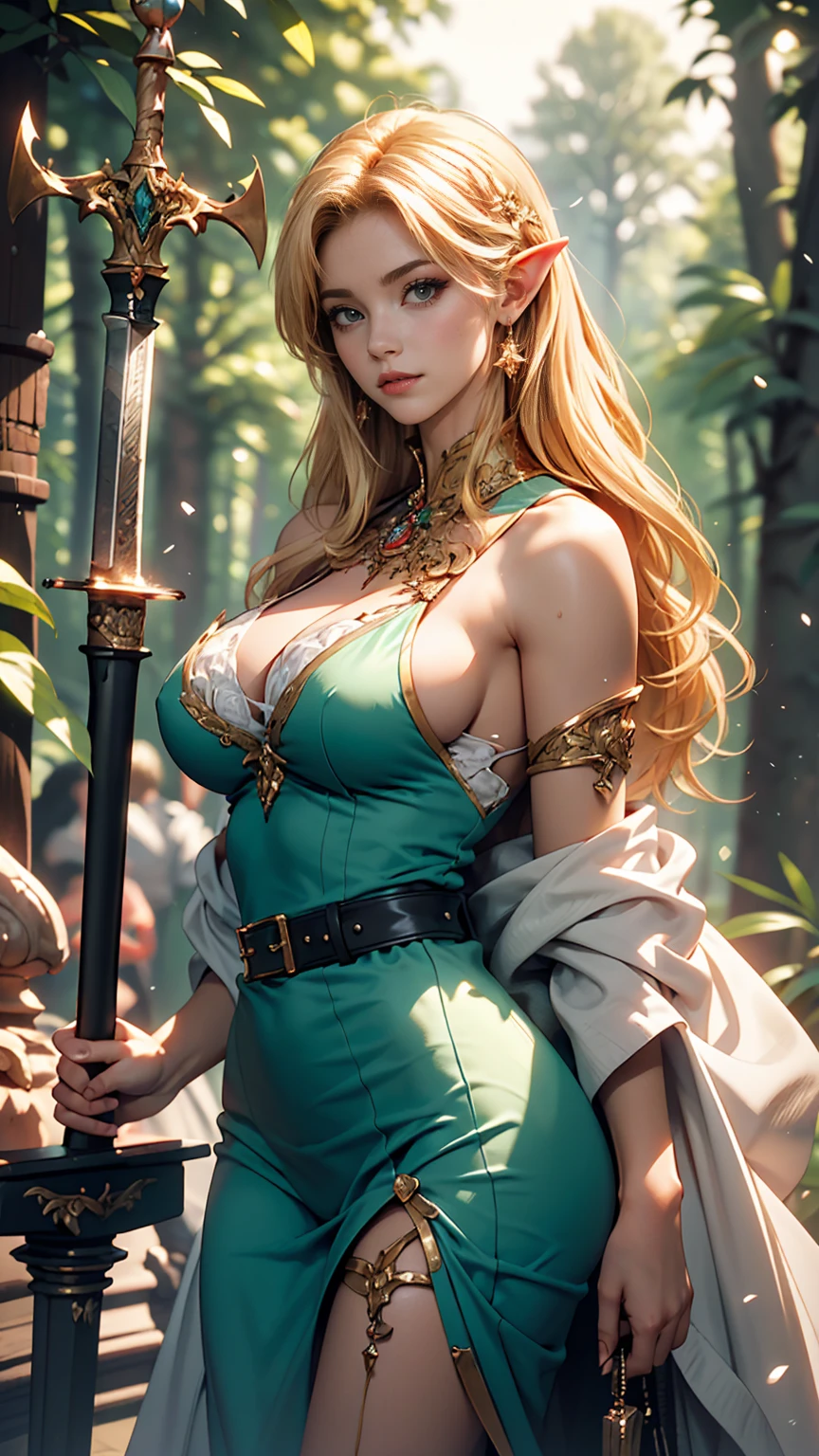 masterpiece, highest quality, Intricate details, Gorgeous blonde elven woman, (mint eye), Celestine Lucullus, Perfect Anatomy, Perfect Face:1.1), ((Huge breasts!!!!!!)),(Huge breasts!!!!), White one-piece uniform, Sharp focus, ((alone:1.4), (Full Body Shot), View your viewers, Ultra-high resolution, (One girl:1.4), Highly detailed illustration, Smooth, Extremely pixel perfect, Detailed Background, art：Wlop と Ross Tran, forest, Fascinating,Venus Body、Wields the legendary sword