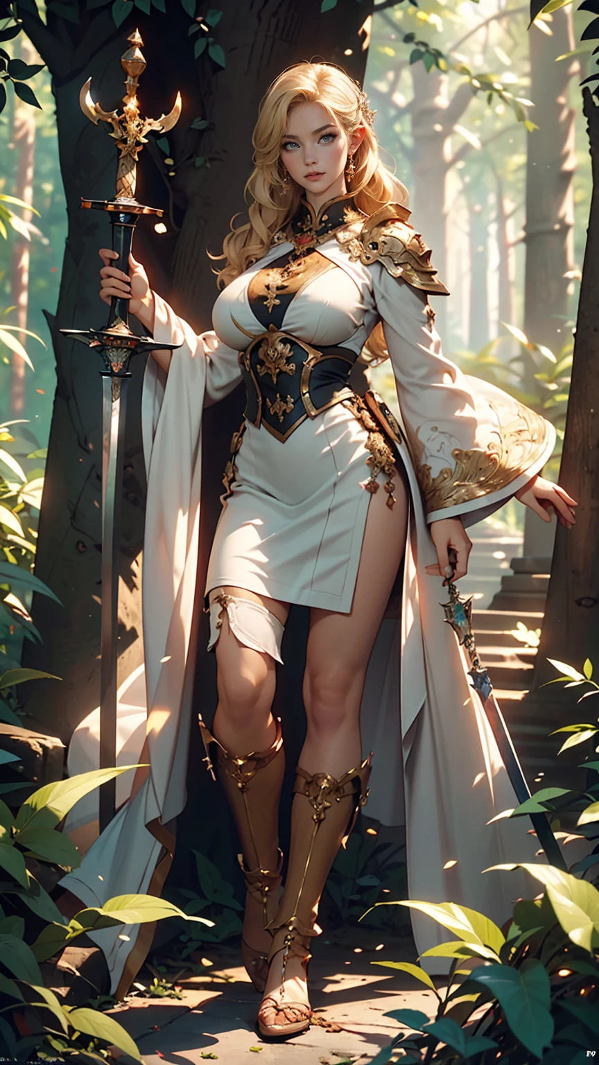 masterpiece, highest quality, Intricate details, Gorgeous blonde elven woman, (mint eye), Celestine Lucullus, Perfect Anatomy, Perfect Face:1.1), ((Huge breasts!!!!!!)),(Huge breasts!!!!), White one-piece uniform, Sharp focus, ((alone:1.4), (Full Body Shot), View your viewers, Ultra-high resolution, (One girl:1.4), Highly detailed illustration, Smooth, Extremely pixel perfect, Detailed Background, art：Wlop と Ross Tran, forest, Fascinating,Venus Body、Wields the legendary sword