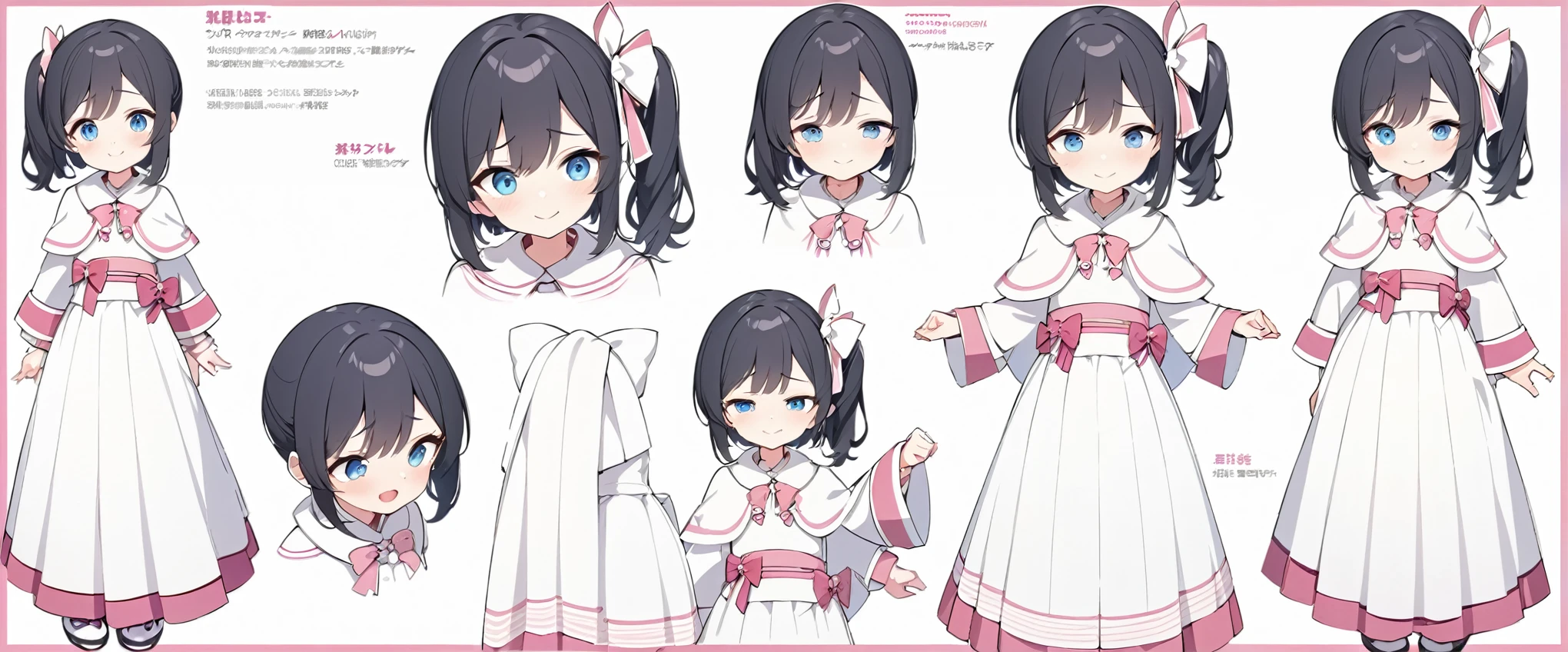 best quality, ultra resolution, super details, anatomically correct, character sheet, 1 girl, ((same character, front, back, side)), ((different expressions, calm, smile, shy, surprise, upset, sad)), (), (black hair:1.2), high quality eyes, high quality hands, clear blue eyes, (side ponytail on the left:1.4), (short hair), pink lace ribbon, white dress with pink boader, (white caplet:1.3), (large collar bow:1.5), long sleeves, (wide cuffs:1.3), pink obi, (long skirt), soft ankle boots, folding fan