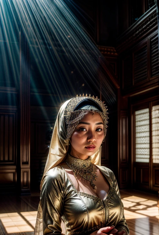a gorgeous javanese hijab girl in a javanese kebaya in a huge room with outstanding rays of light scene, necklace, bracelet, detailed detail, rays of light, masterpiece, ultra sharp image,