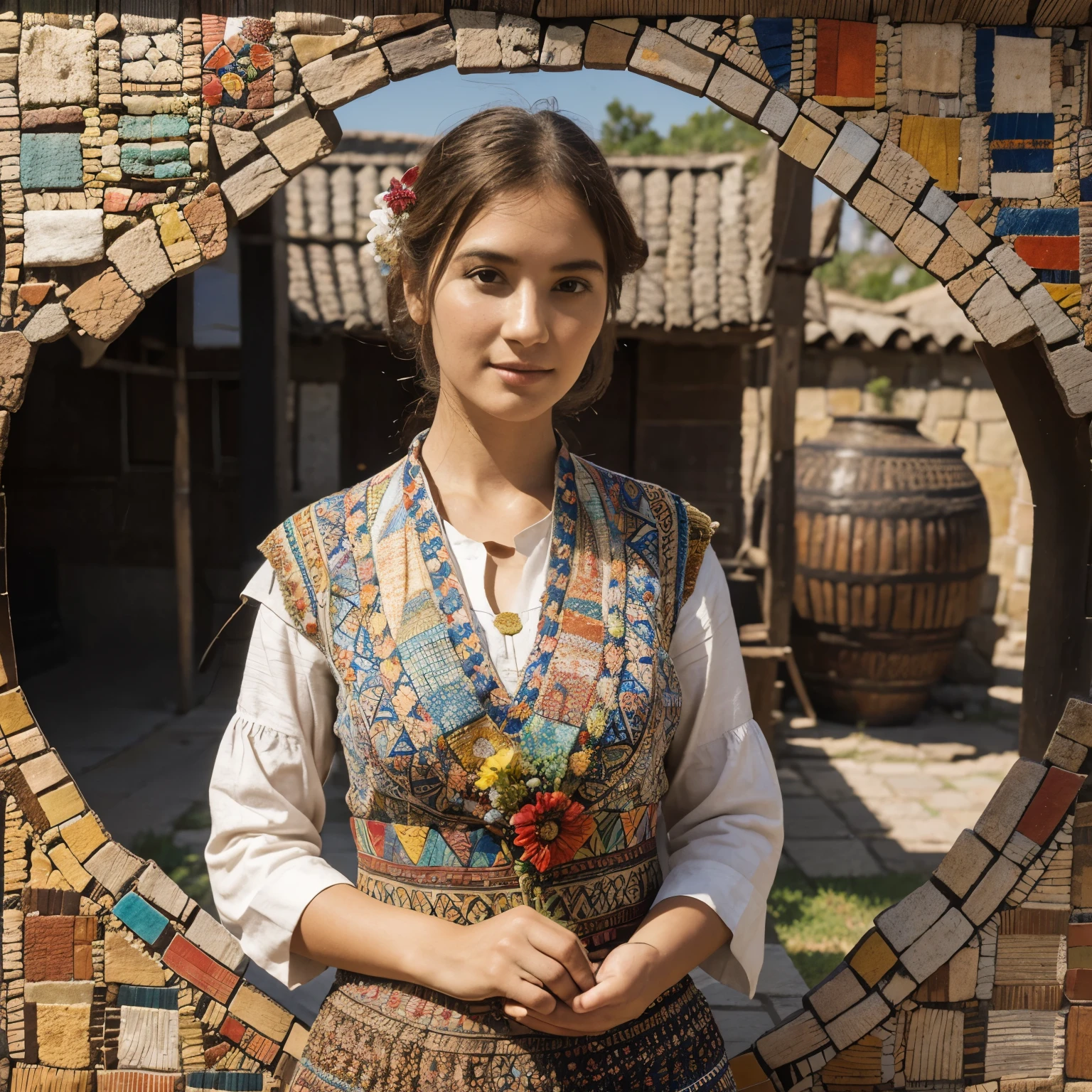 Image of vibrant province of Antique textile patterns arranged in a mosaic-style collage, with each pattern representing a different aspect of Antique's rich heritage