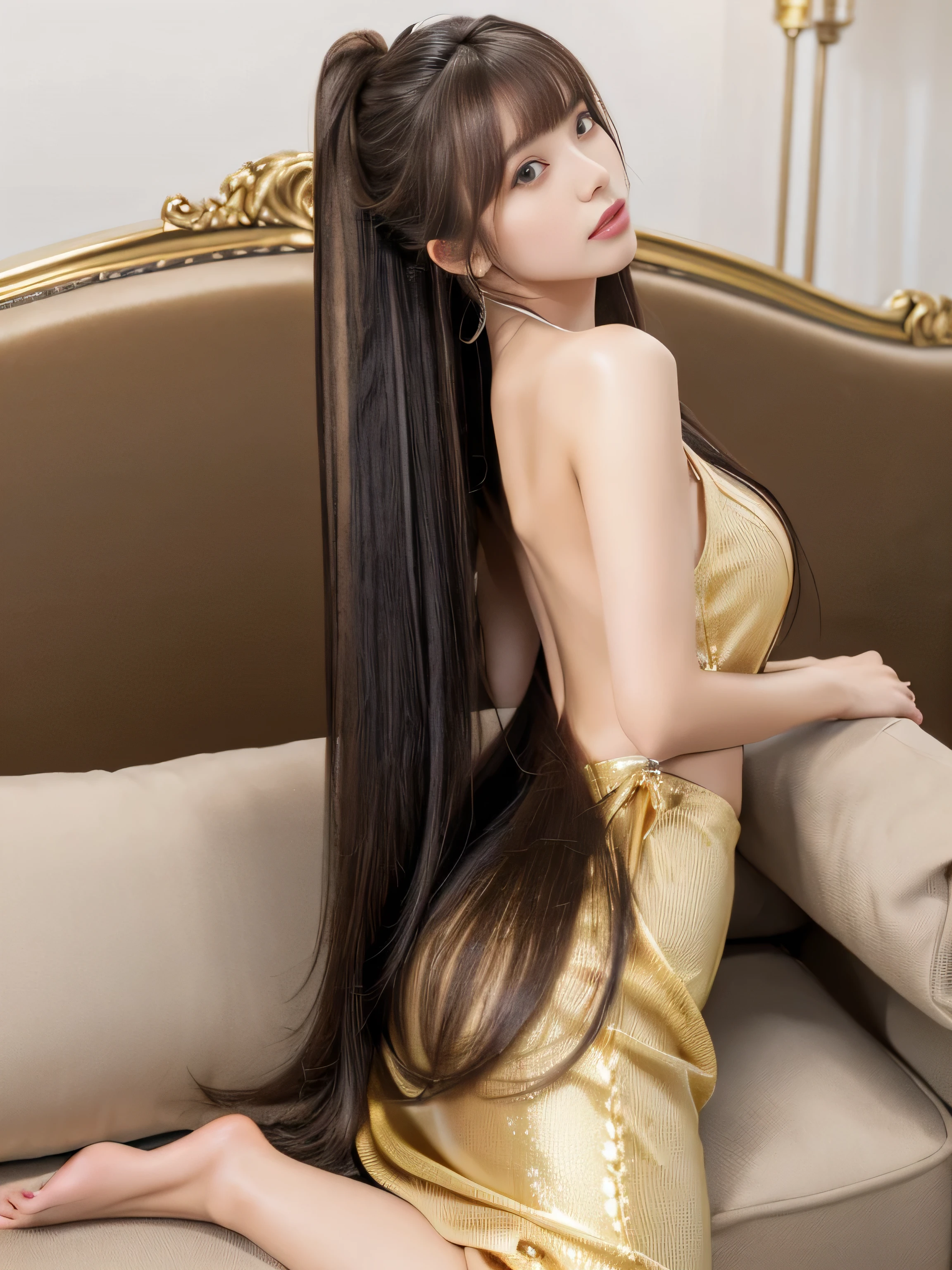 (1 Knee-length shot of a woman) ((Lie on a suitable sofa, Show as much of your back and hair as possible:1.8)) ((A beautiful 24-year-old model with long black hair Reaches up to the kneeVery long hair highest quality Highest detail Reaches up to the knee、Very long hair that lasts forever:1.3 Flowing Hair 私ncredibly straight hair Very shiny そして thick hair Abnormally long hair that lasts forever Flowing Hair on both ends long hair up to the knees:1.2 long hair up to the knees:1.2 Thick and shiny hair Very free hair Abnormally long hair!!!!! Beautiful silky hair Beautiful and shiny hair Beautiful and shiny hair Beautiful silky hair Hair that grows to the knees Very very, Very long hair!!!!! Very very, Very long hair!!!!!) (highest quality The best ultra-fine Reaches up to the knee、Very long hair that lasts forever Flowing Hair Her hair is gently permed Very shiny そして thick hair Abnormally long hair that lasts forever Flowing Hair on both ends long hair up to the knees:1.2 long hair up to the knees:1.2 Thick and shiny hair Very free hair Abnormally long hair!!!!! Beautiful silky hair Super long hair down to the knees Beautiful and shiny hair Beautiful and shiny hair Beautiful silky hair Hair that grows to the knees Very very, Very long hair!!!!! Very very, Very long hair!!!!!)) (Her bangs are perfect.:1.3) ((Her hair color is light brown:1.5)) (Pure white wall background:1.8 Pure White Sofa) (Japan's most sexy and beautiful 24-year-old beauty model) (She looks at the viewer with a very seductive expression...) ((highest quality)), ((masterpiece)), (Familiar) (Get used to it) Perfect Face (Her skin is a typical Japanese skin color.. And very detailed) (Big Breasts:1.3) (She is wearing a shiny white camisole.) (She has a beautiful face and a typical Japanese figure...., Narrow eyes) (She has perfect 美しい and sexy makeup and face Lipstick is light red A solid eyeliner) ((Rich 1.4)) (Extremely detailed 8K) (Ultra-fine skin texture 1.4) (Actual, Vibrant:1.4), double eyelid Sharp focus:1.2、Beautiful woman:1.4 Dynamic Lighting (Genuine RAW photos taken by professional photographers) Professional Hair Shine. (She has a bright and cheerful face) (Her face is slim and dignified.., length, Narrow eyes..々Nice face)