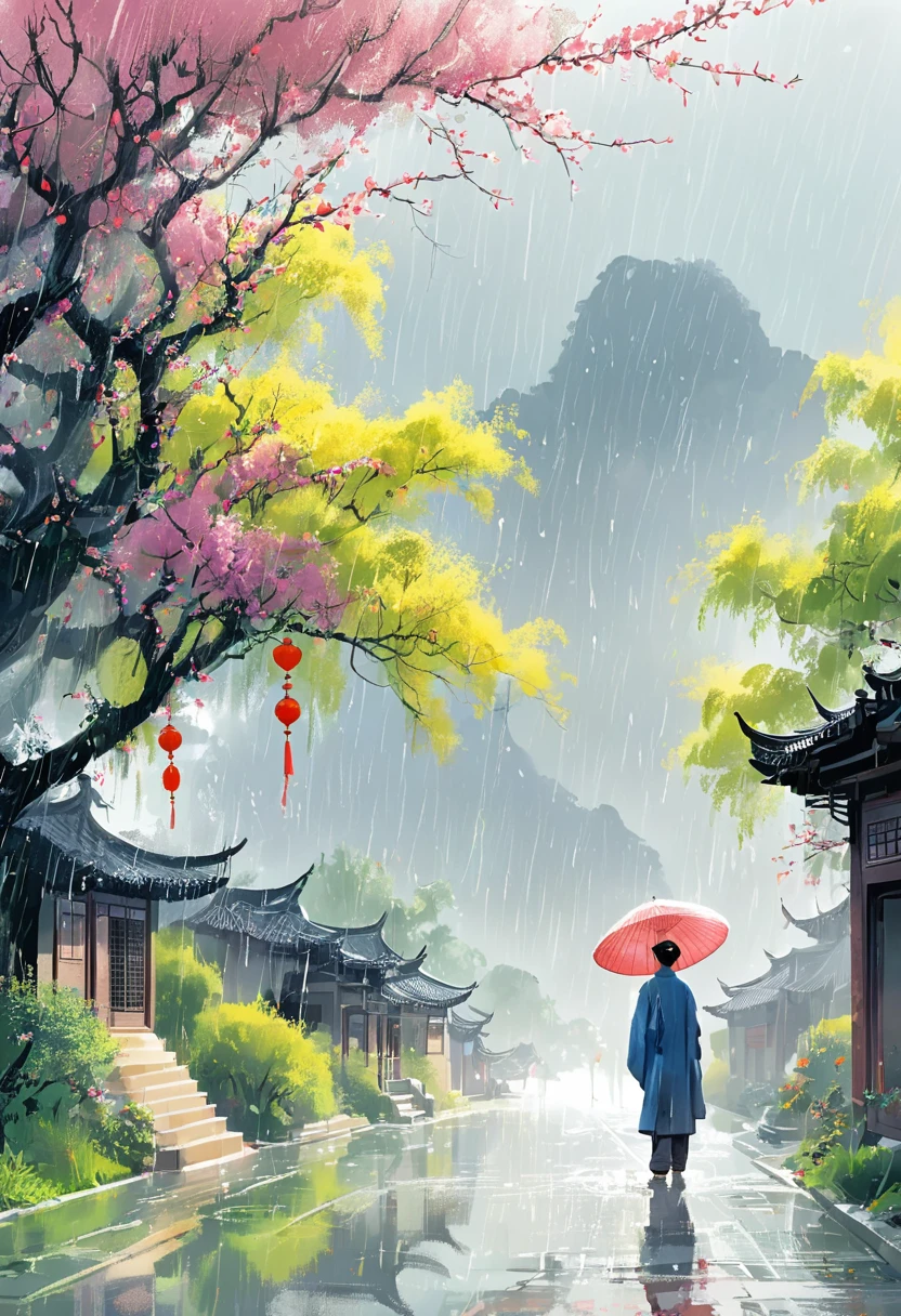 1cgrssh1, Cai GuoRUN's illustration style, Qingming rainy season, Under the willow tree, cowboy, in the rain, pointing into the distance, Direction to Heng Fa Chuen, Spring is full of freshness, Rich details, Spring Scene, Flat design, Soft colors, Vivid tones, Chinese traditional elements, Reality, Minimal composition, High Saturation、High contrast,Rich detail in light and shadow, Sharp contrasts and clean lines