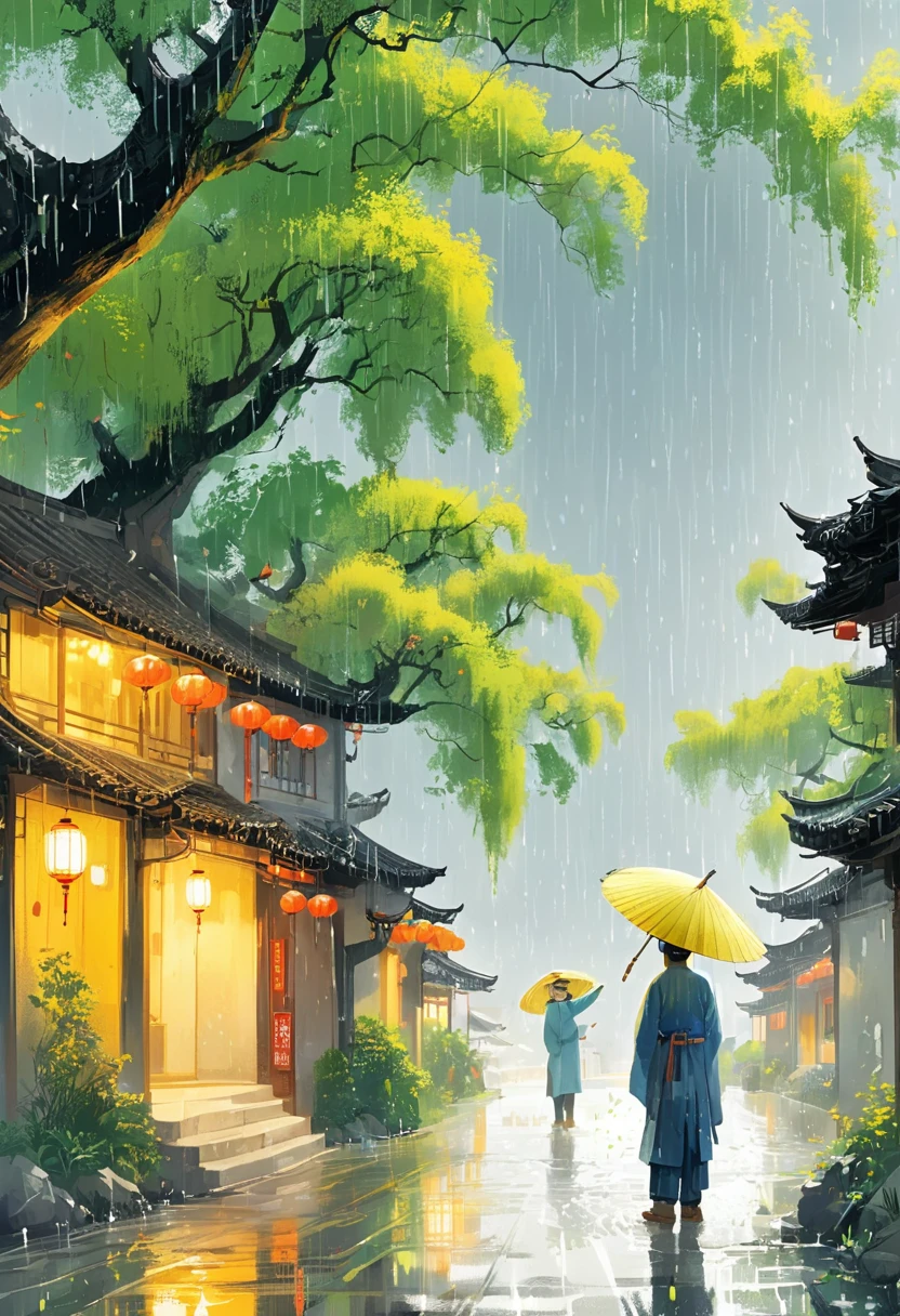1cgrssh1, Cai GuoRUN's illustration style, Qingming rainy season, Under the willow tree, cowboy, in the rain, pointing into the distance, Direction to Heng Fa Chuen, Spring is full of freshness, Rich details, Spring Scene, Flat design, Soft colors, Vivid tones, Chinese traditional elements, Reality, Minimal composition, High Saturation、High contrast,Rich detail in light and shadow, Sharp contrasts and clean lines