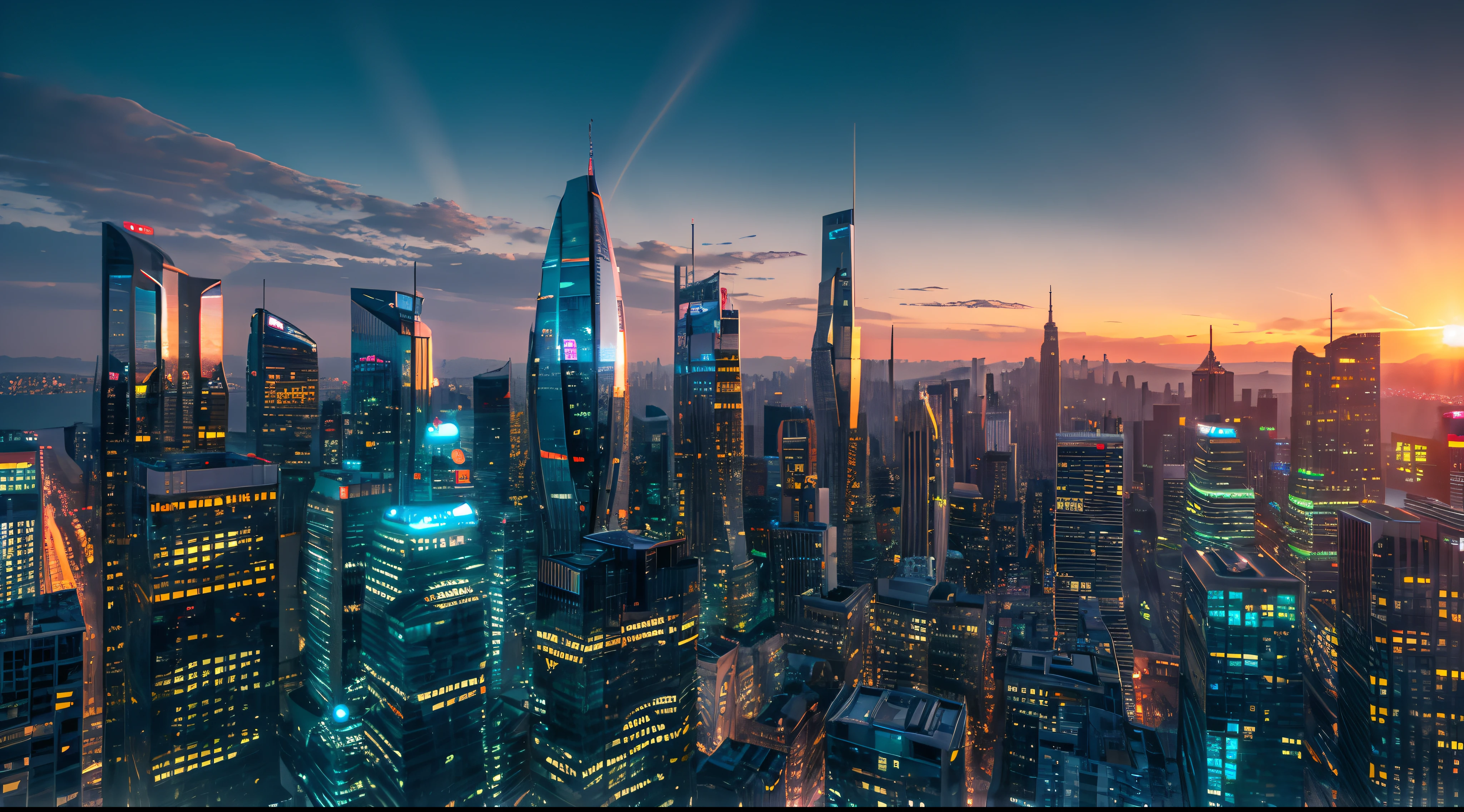 ville de science-fiction, style futuriste, coucher de soleil, paysage, paysage urbain, 4k, Ultra high quality, detailed
